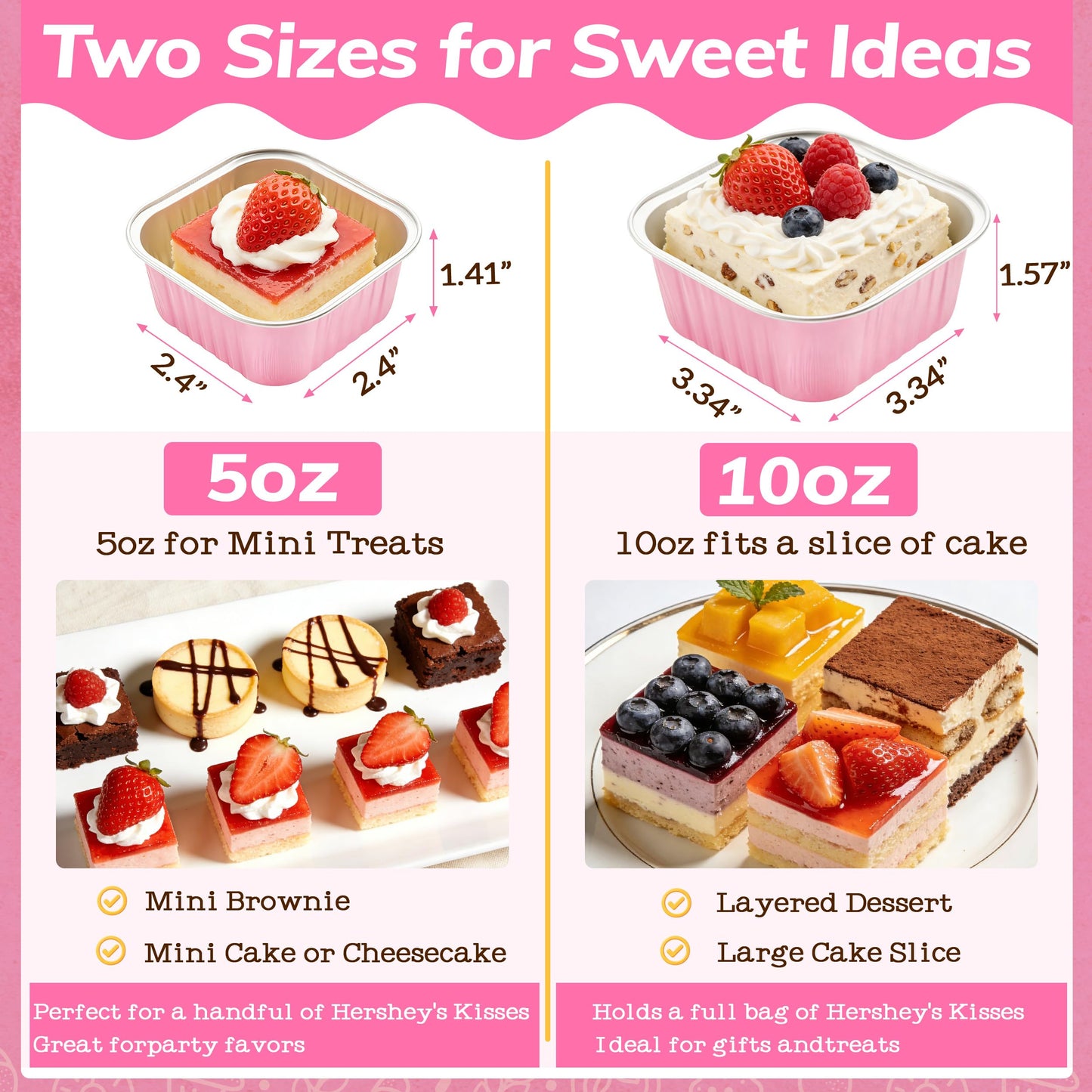 NPLUX 50 Pcs Mini Cake Pans with Lids and Spoons Aluminum Foil Mini Square Baking Cups with Lids Disposable Ramekins Cake Pans Dessert Cups for Wedding Mothers Day Gifts Party Favors(Pink,5oz)