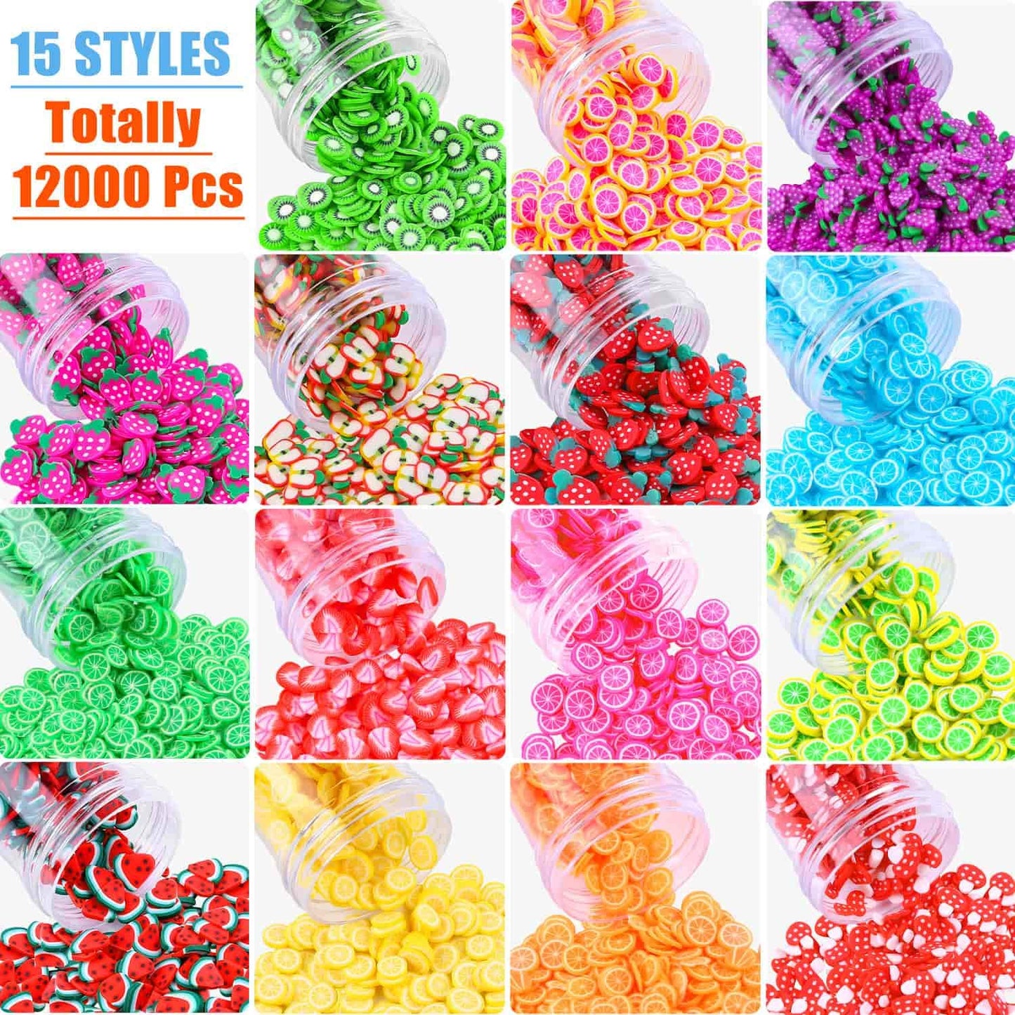 Acejoz 12000 Pcs 15 Styles Assorted Fimo Slices for DIY Slime, Nail Art, Lip Gloss & Cellphone Decorations