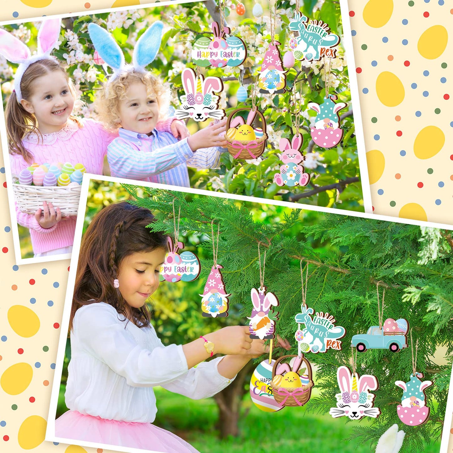 Chunful 30 Pcs Happy Easter Wooden Ornaments with Ropes Spring Egg Gnome Bunny Carrot Basket Holiday Easter Decorations Wood Bunny Ornament Embellishments Decorative Hanging Ornaments for Party