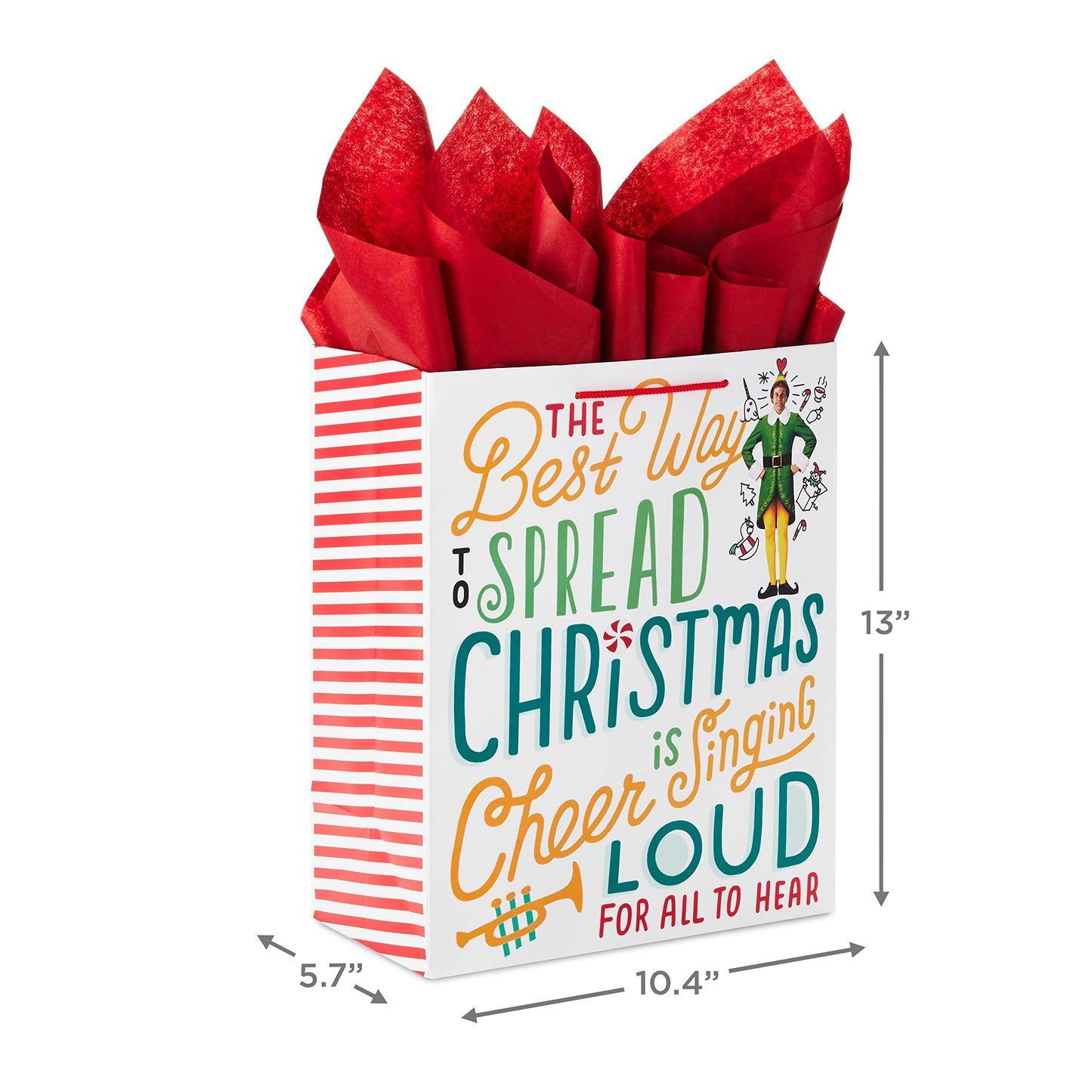 13" Large Elf Gift Bag with Tissue Paper (Movie Quote: "The Best Way to Spread Christmas Cheer…") for Kids, Grandchildren, Adults