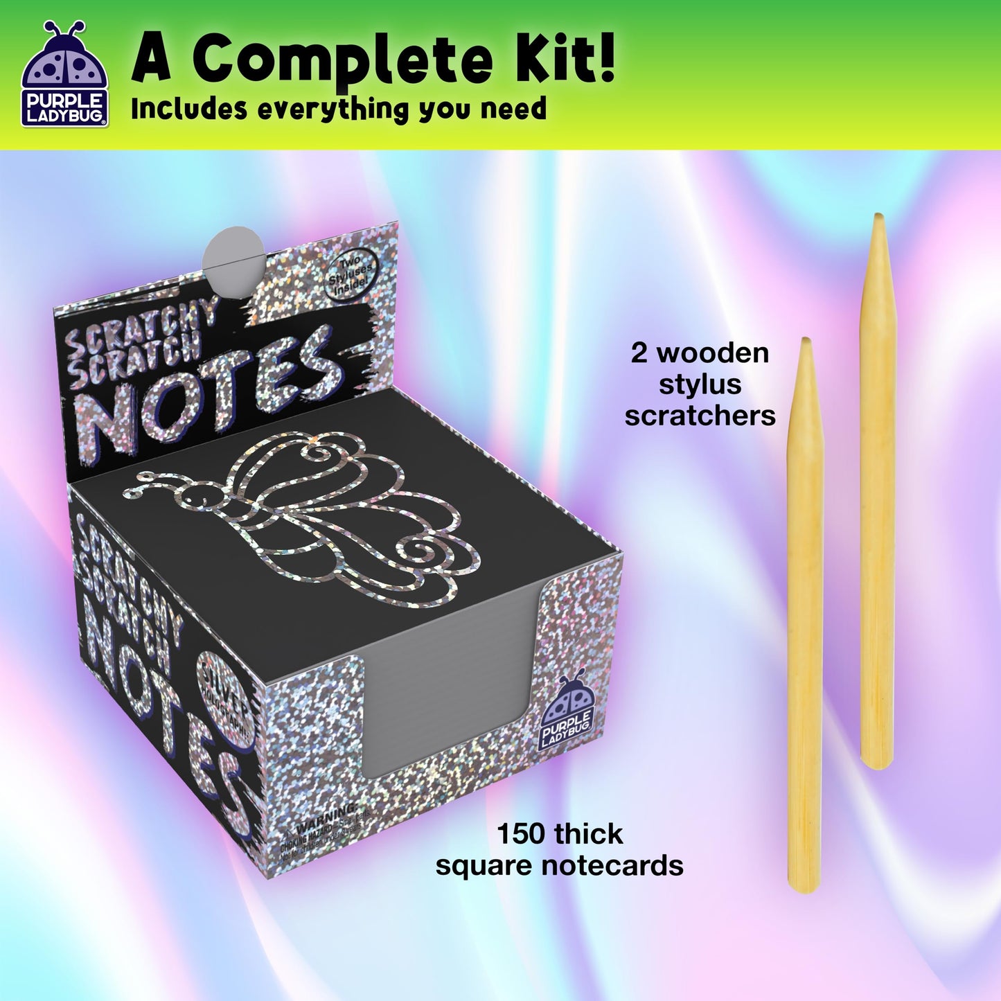 PURPLE LADYBUG Silver Holographic Scratch Art Mini Notes - Scratch Art for Kids, Summer Activities, Camping Games for Ages 4-8