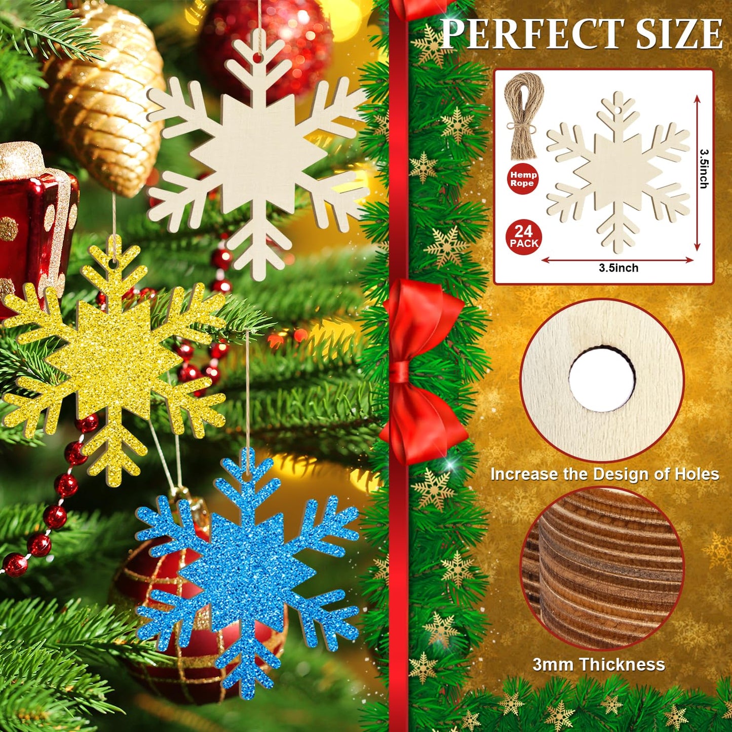 Wooden Christmas Snowflake Ornaments to Paint Christmas Winter Decoration Cutouts Unfinished 24PCS 3.5 inches, DIY Blank Unfinished Christmas Tree Ornament for Home Snowflakes Crafts Hanging