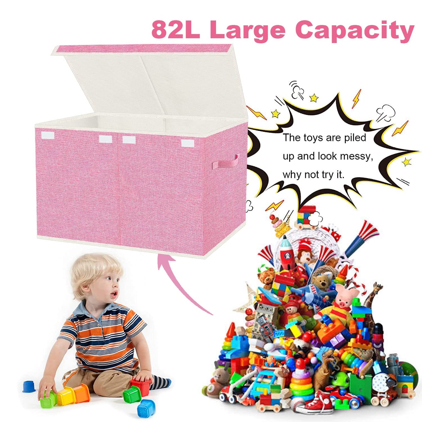 VERONLY Large Toy Box Chest Storage with Lid - Collapsible Kids Toys Boxes Organizer Bins Baskets with Handles for Boys, Girls,Nursery,Playroom,Clothes,Blanket,Bedroom(Pink)