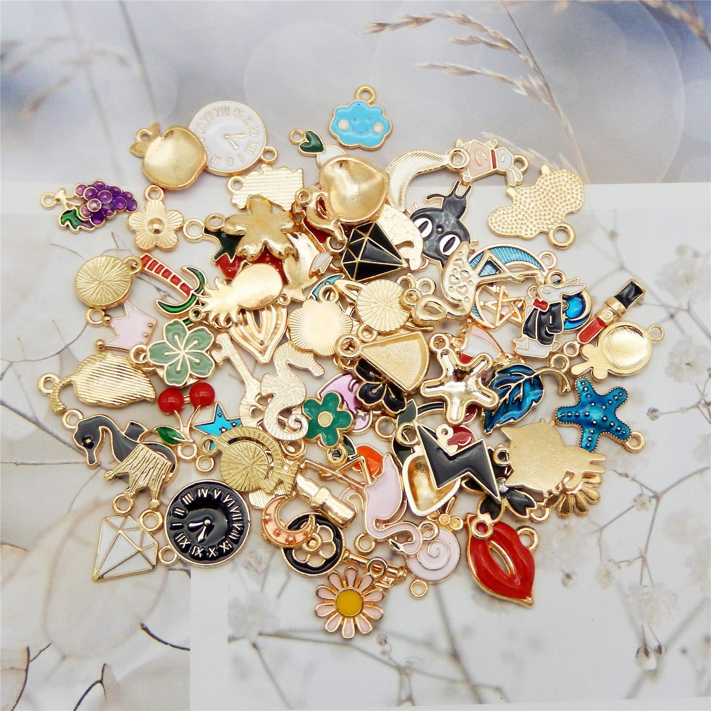 60pcs(30PAIRS) Assorted Gold Plated Enamel Moon Star Animals Dainty Dangle Fruit Flowers Pendants Charms for Earrings Jewelry Making Necklace Bracelet