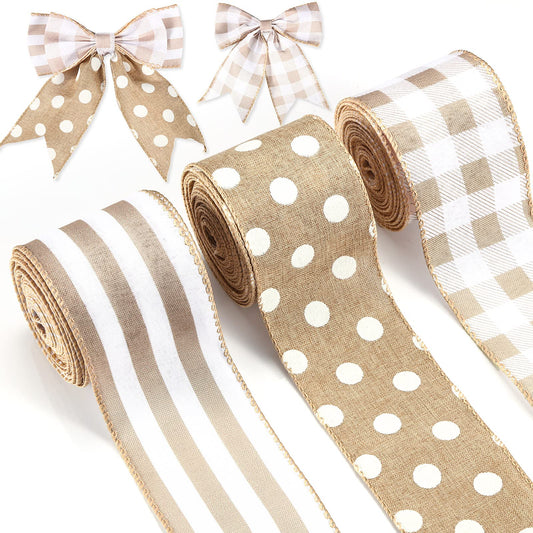 3 Rolls Burlap Wired Ribbons Plaid Wrapping Striped Gingham Grosgrain Ribbon Dot Pattern for DIY Crafts Party Home Decoration, 2.5 Inch x 15 Yards (Linen Color), (Wiaxin-Ribbon-2055)
