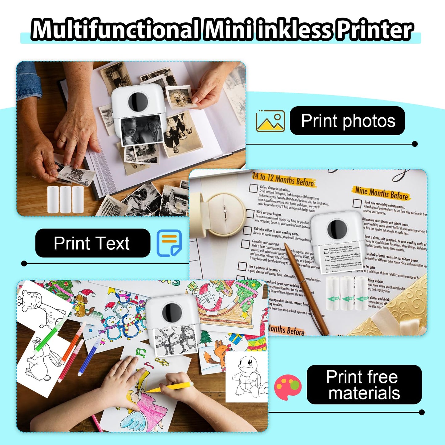 HuiJuKeJi Mini Sticker Printer Bluetooth Smart Pocket Inkless Thermal Printer with 11 Rolls Thermal Paper and Sticker for iOS&Android, Portable Receipt Printer for Photo Journal Notes Memo