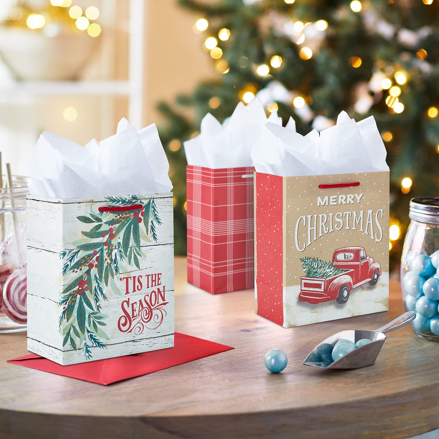 6" Small Rustic Christmas Gift Bag Bundle (6 Bags: Red Truck, 'Tis the Season, Red and White Plaid) for Gift Cards, Teacher Presents, Holiday Party Favors