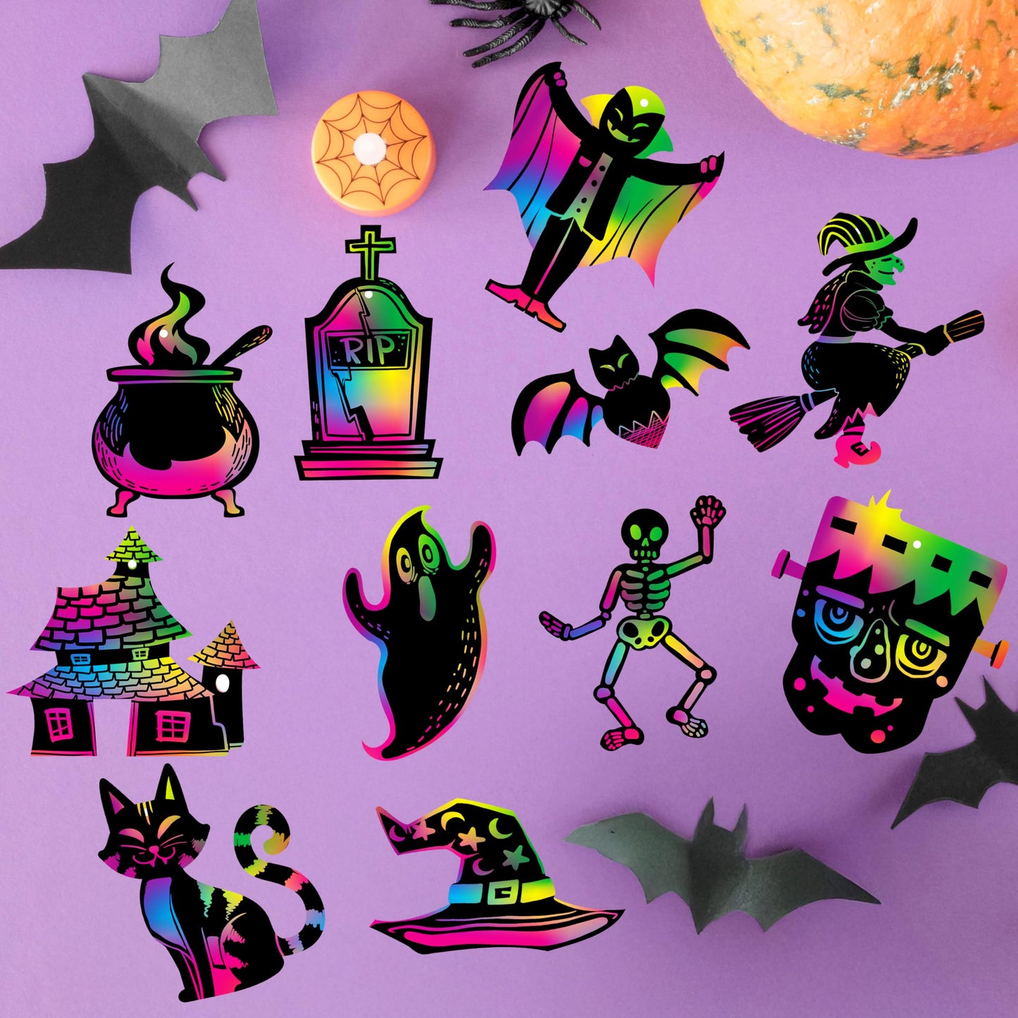 36 Pcs Halloween Rainbow Scratch Paper Art Crafts for Kid, Halloween Party Favors, Scratch Off Cards with 18 Designs for Party Supplies, Classroom Activities Game Goodies Gifts (Age 3+)