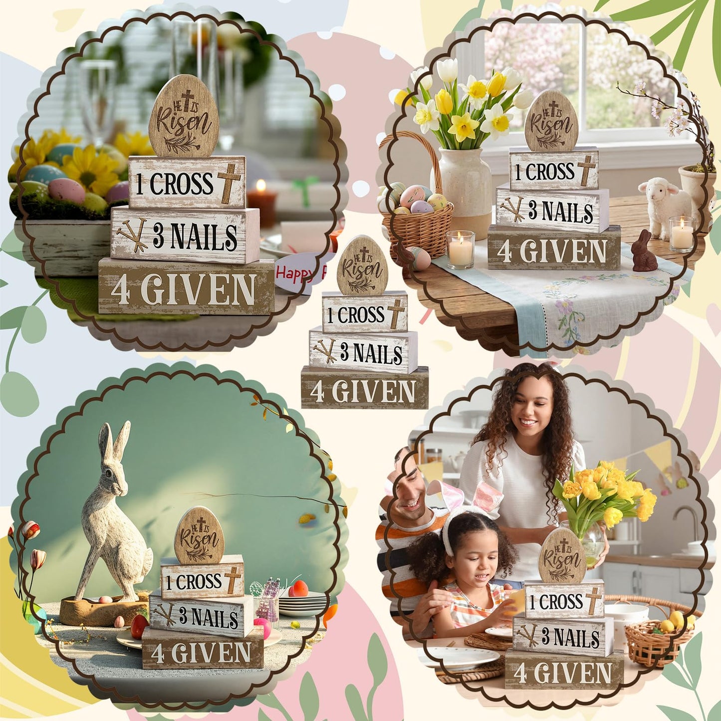 4 Pcs Easter Table Decoration Easter Gifts He Is Risen Tiered Tray Decor Christian Gifts Wooden Eggs Basket Stuffers Centerpieces for Holy Week Home Kitchen Party Decorations