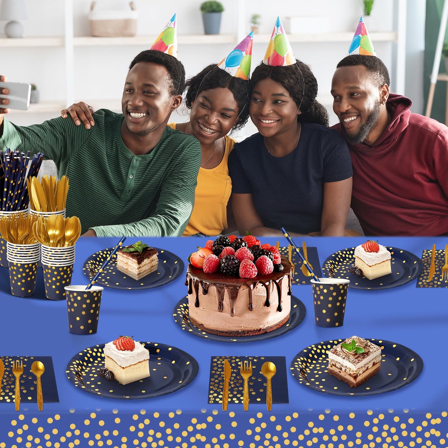 Nkaiso Paper Plates and Napkins Set, 193 Pieces Navy Blue Gold Party Supplies Includes Paper Plates Cups Napkins Straws and Cutlery for Birthday Wedding Holidays Parties Decorations-24 Guests