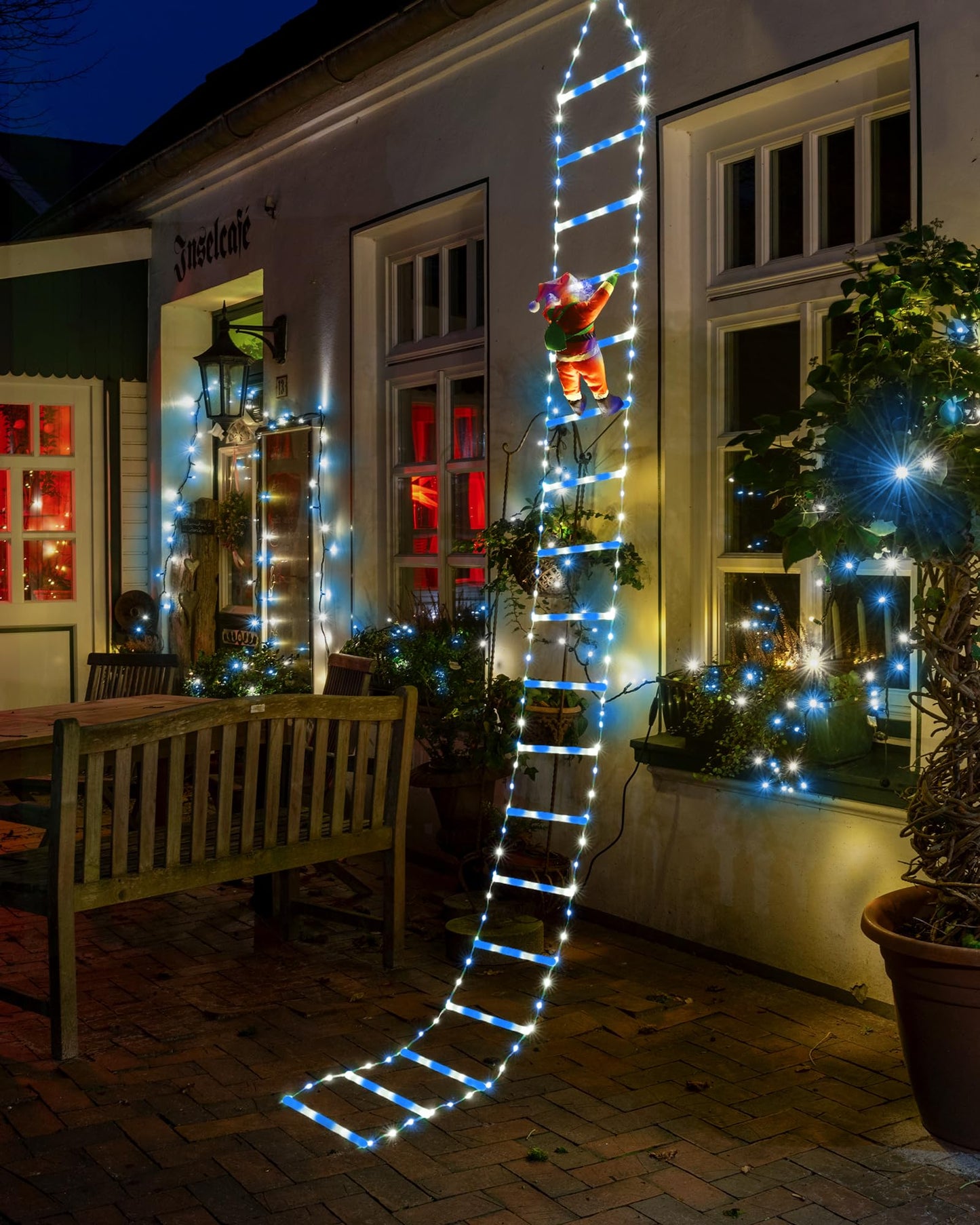 LED Christmas Lights - 10ft Christmas Decorative Ladder Lights with Santa Claus, Xmas Decorations Light for Indoor Outdoor, Window, Garden, Home, Wall, Xmas Tree Decor - White & Blue