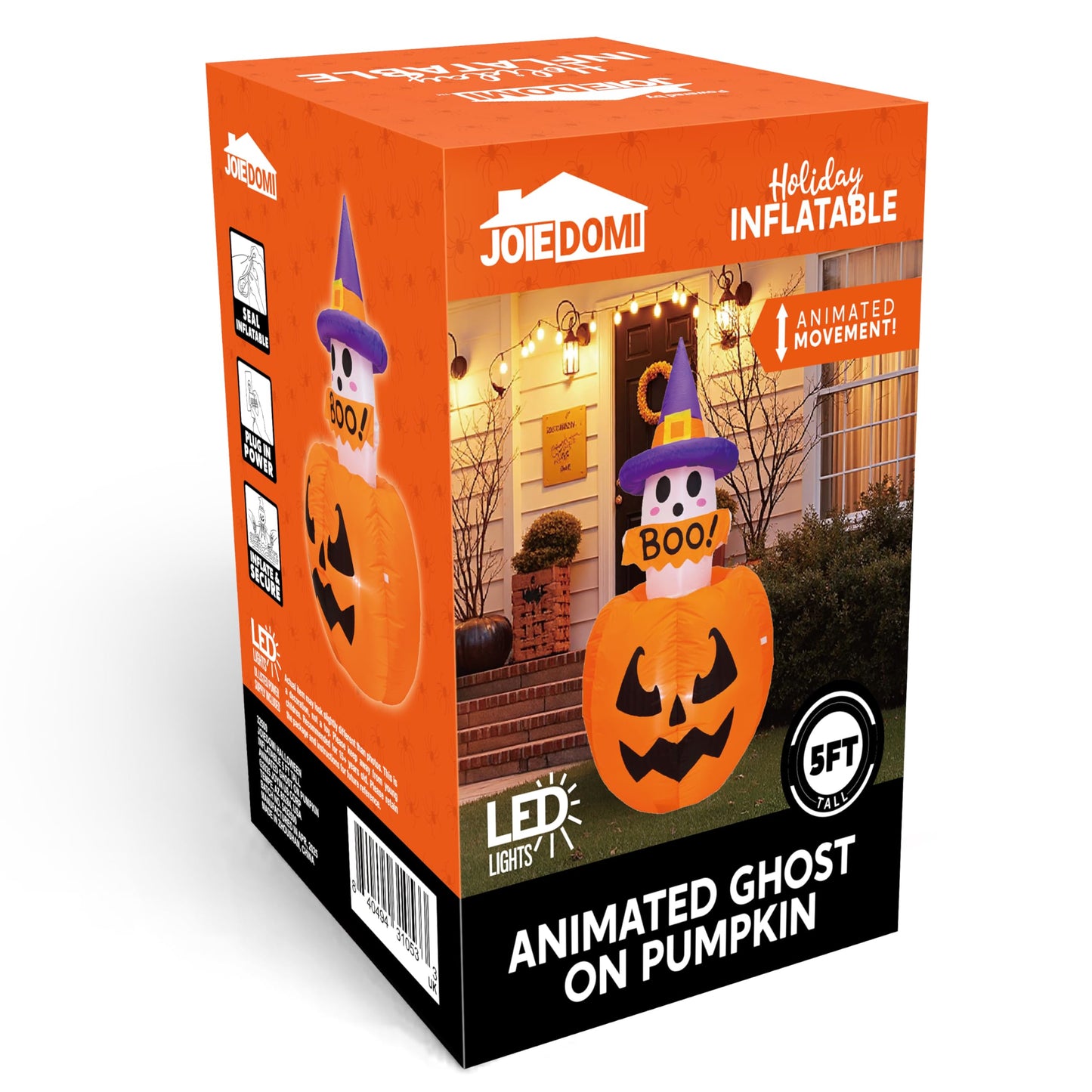 5ft Tall Halloween Animated Inflatables Outdoor Decorations, Inflatable Ghost on Pumpkin with LEDs, Cute Blow Up Pumpkin Ghost Decor for Outside Yard Outdoor Lawn Garden Party Decoration