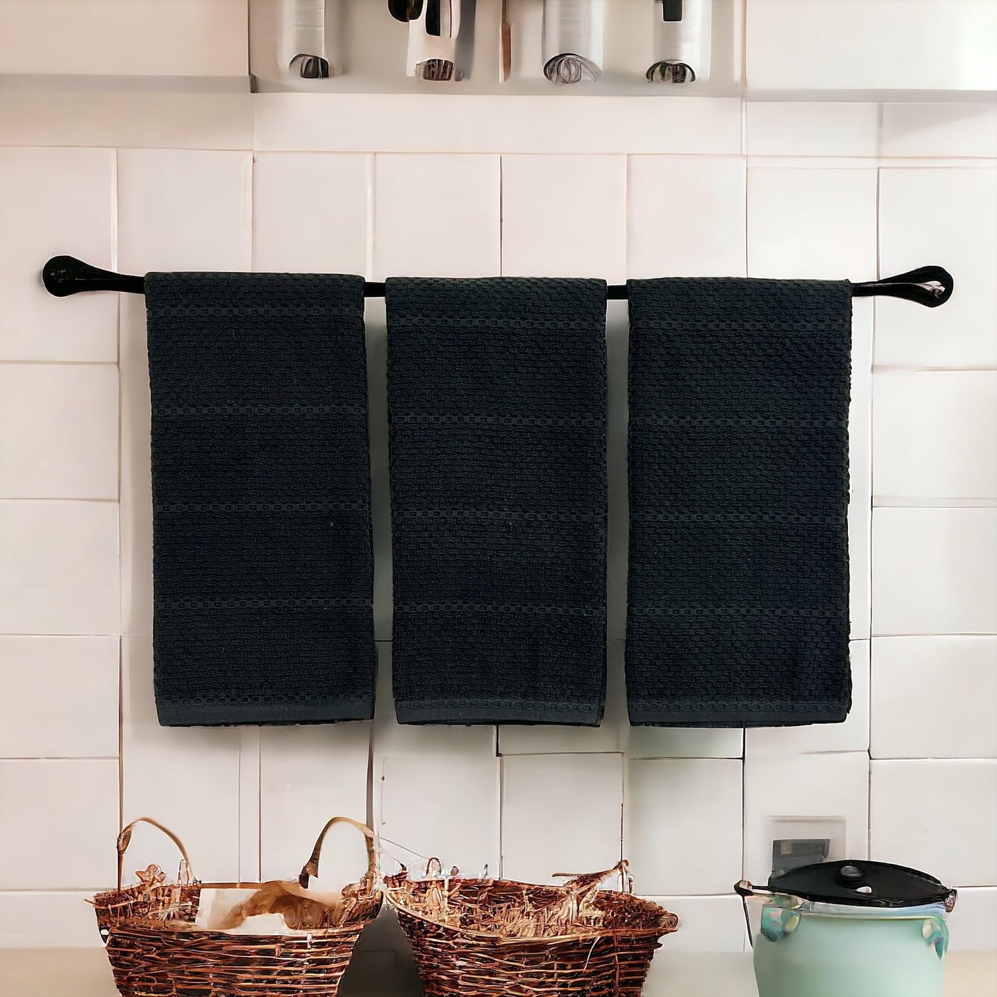 Black Textured Kitchen Hand Dish Towels 100% Cotton Cloth Soft Cleaning Drying Absorbent Terry Loop: Set of 3 Multipurpose for Everyday Use