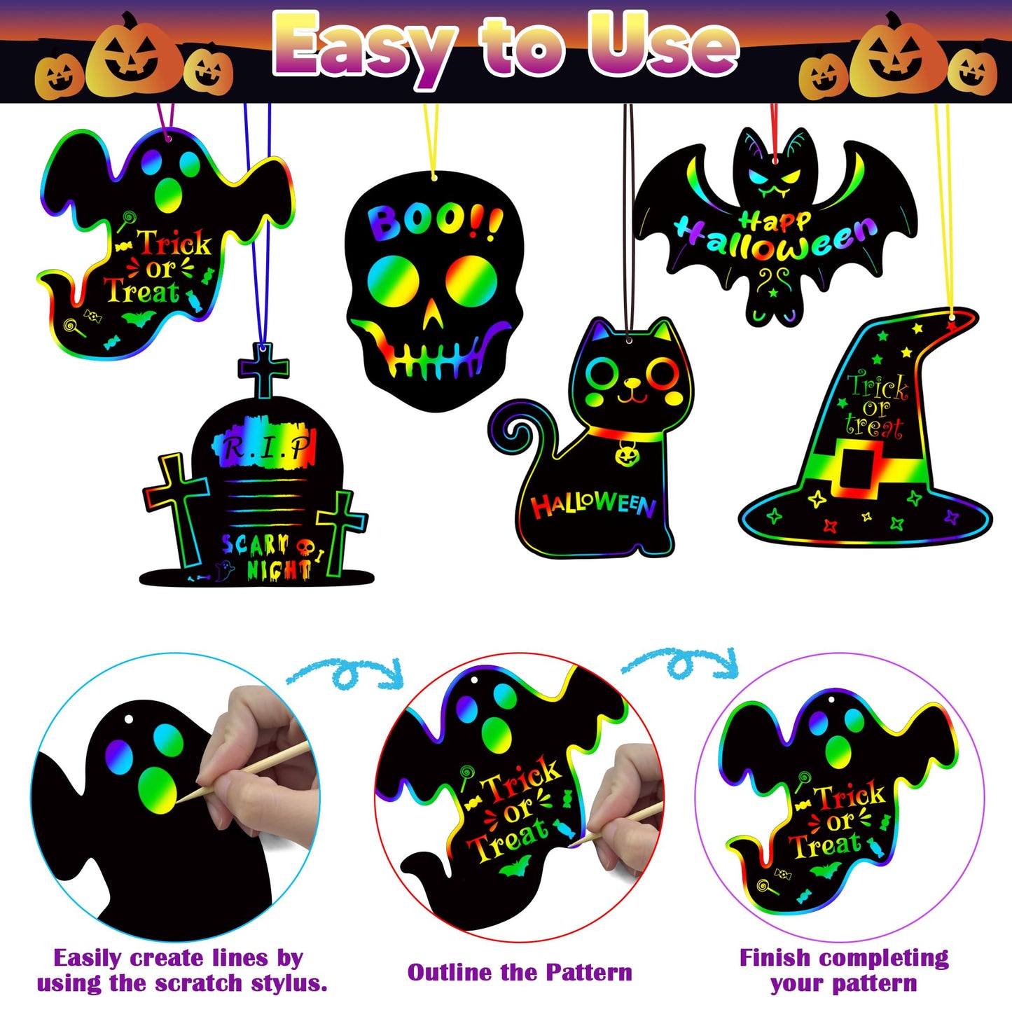 Halloween Party Favors - 48 PCS Magic Rainbow Scratch Paper Cards Set for Kids - Kids Halloween Games Crafts Treats Toys Gifts - Trick-or-Treat Activities Party Decorations Supplies