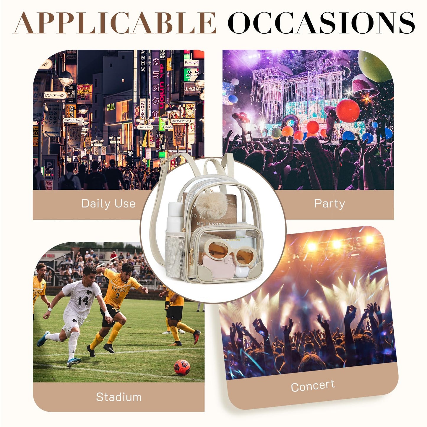 Missnine Anti-theft Clear Backpack, Small Mini Clear Bag for Sport Event Concert with Cute Fur Ball