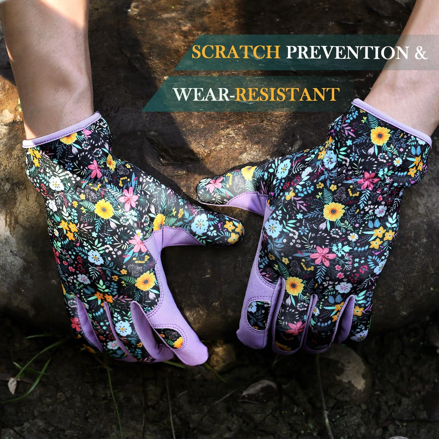 Garden Gloves for Women - Breathable leather Floral Gardening Gloves with Grip, Thorn-Proof Puncture-Resistant Work Gloves for Weeding, Digging, Planting, Raking and Pruning, Purple - Flower
