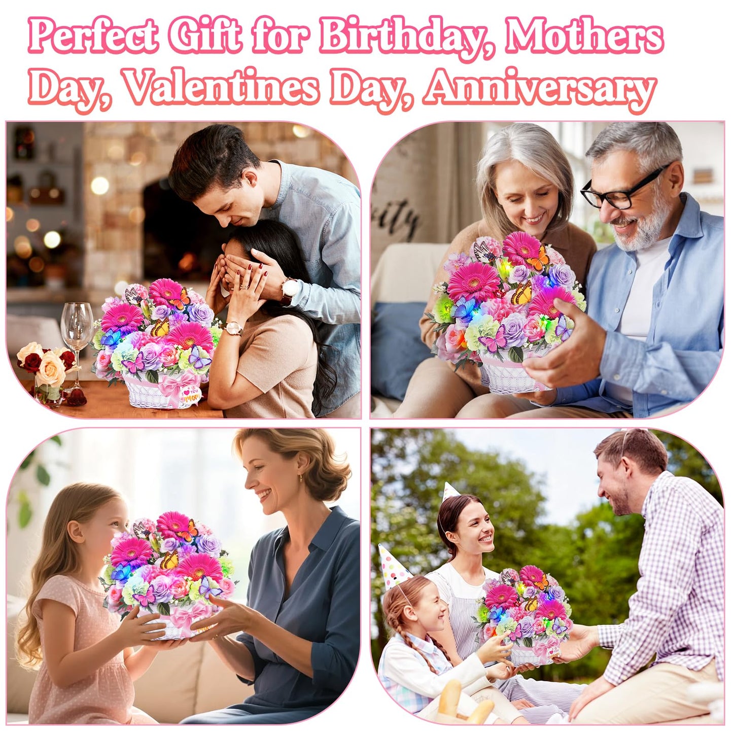MZD8391 Mothers Day Card with Music & Lights, 3D Pop Up Mother's Day Cards, Gerbera Daisy & Butterfly, 10 Inch Forever Flower Bouquet Birthday Gift for Wife, Women, Mom