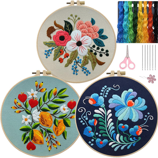 3 Sets Embroidery Kit for Beginners Adults， Flower Pattern Hand Embroidery Kit Cross Stitch Starter Kits DIY Embroidery Kits with Patterns and Instructions Hoops Needles Threads, Onesize