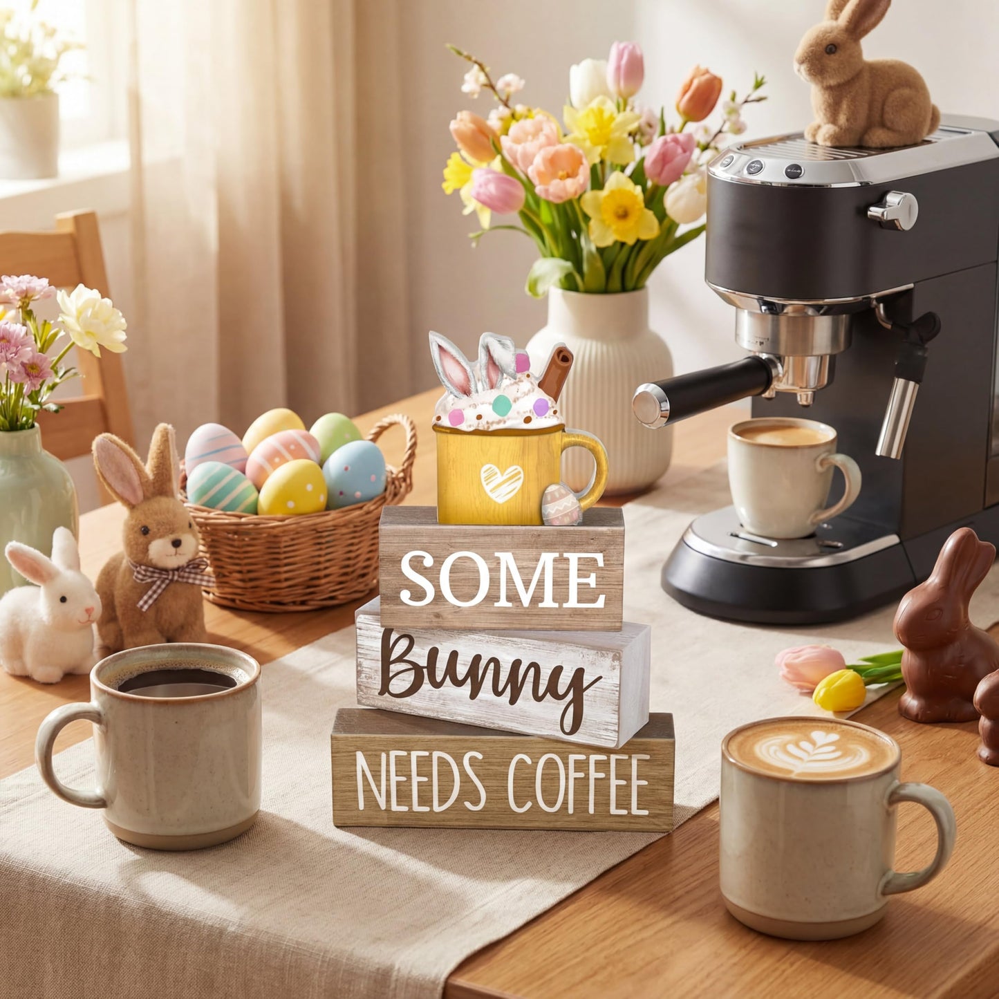 4 Pcs Easter Table Decorations Wooden Coffee Bunny Tiered Tray Decor Happy Easter Centerpiece for Tables Decorative Rabbit Block Signs Gifts Farmhouse Rabbit Decor for Home Kitchen Shelf