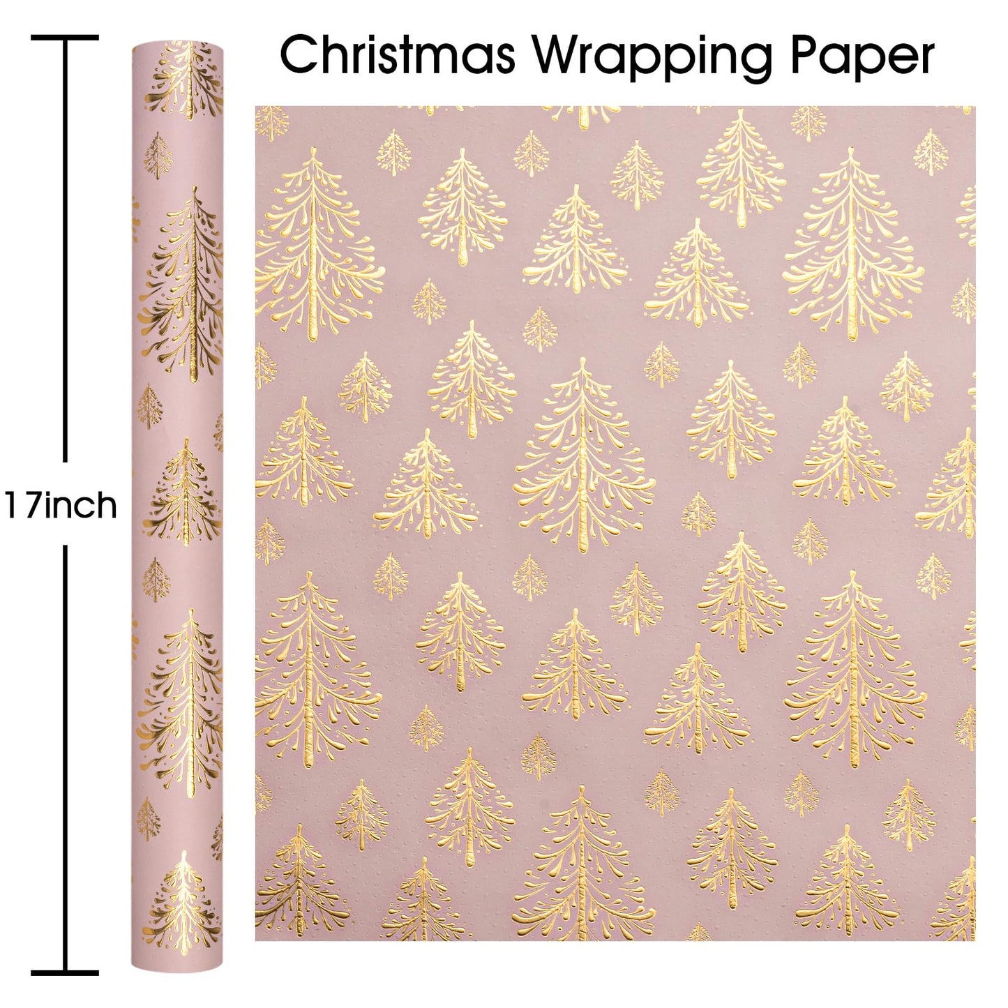 Kraft Christmas Wrapping Paper-Pink 3D Embossed Gold Foil Christmas Pine Tree with Woodlands for Chrsitmas, Holiday, Party,Celebration (17 Inch X 32.8 Feet)