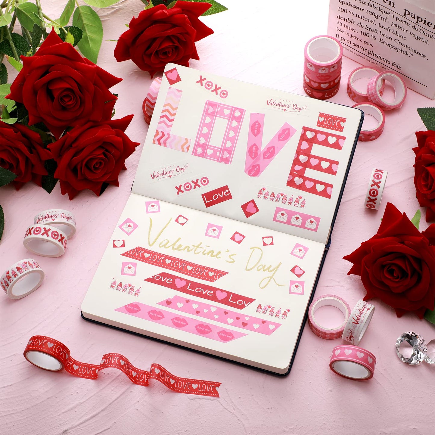 12 Rolls Valentine's Day Washi Tape Set Decorative 0.59 x 196 Inch Pink Love Heart Washi Tape Gnome Heart Masking Paper Supplies for DIY Crafts Scrapbook Giftwrap Wedding Party Decor
