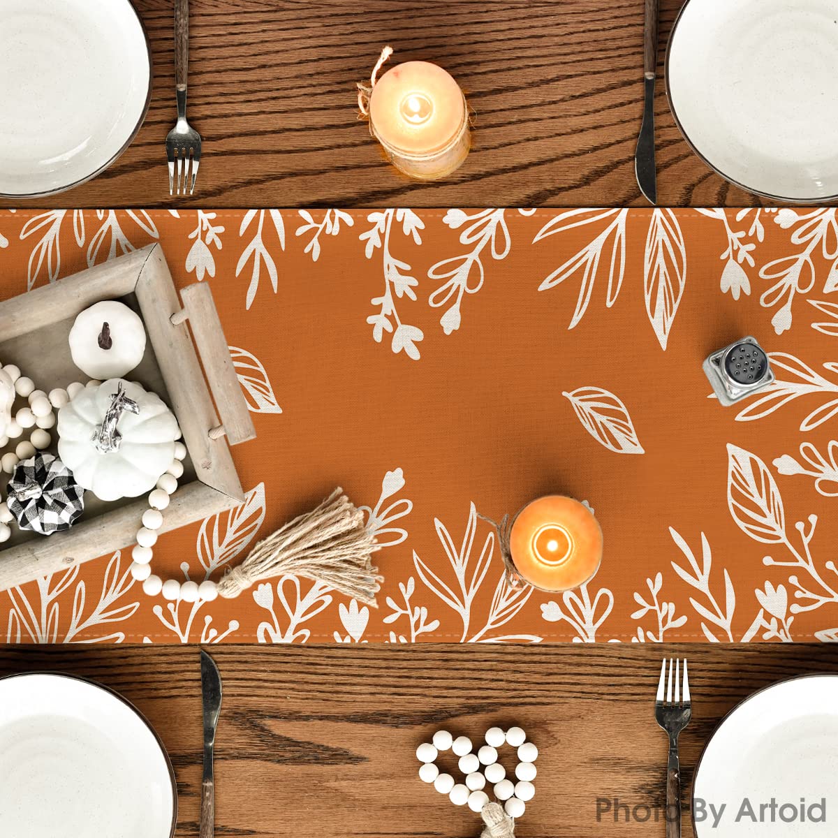 Orange Floral Fall Table Runner, Seasonal Autumn Kitchen Dining Table Decoration for Home Party Decor 13x48 Inch