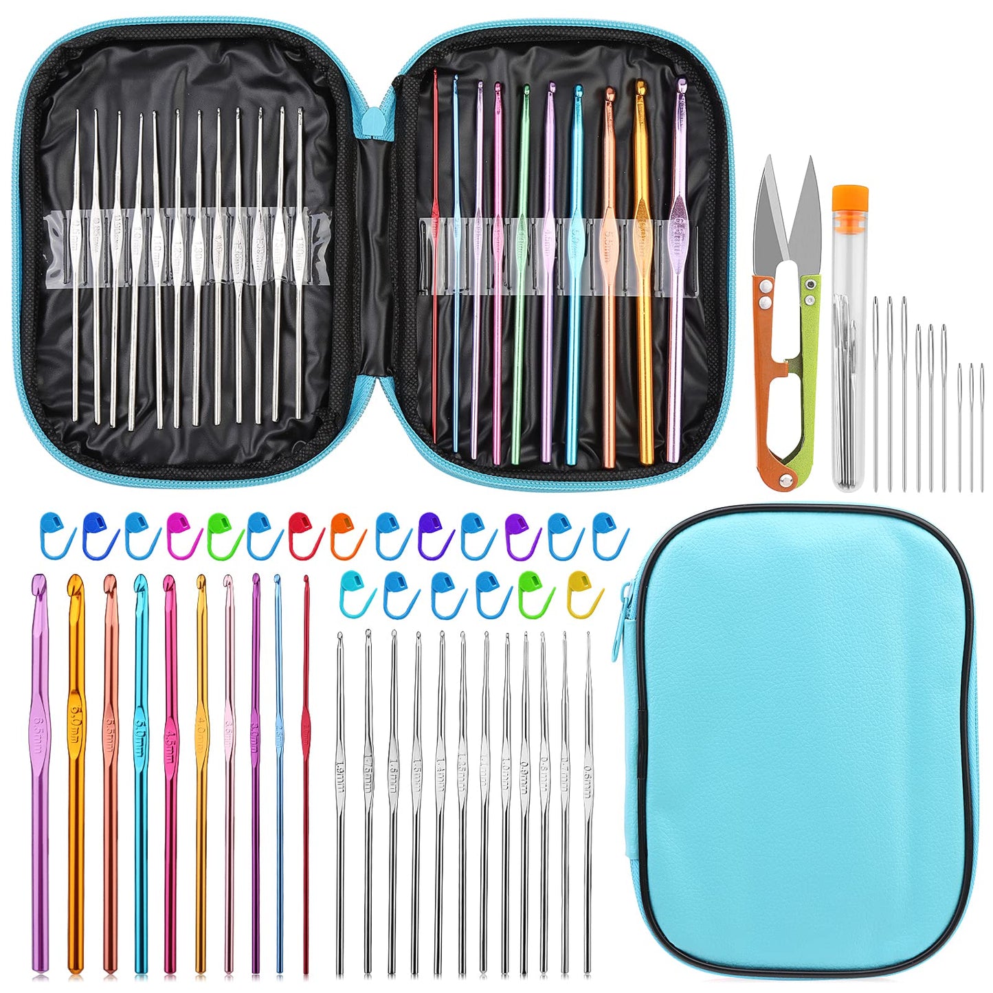 IMZAY 54 Pcs Crochet Hooks Set, 0.6mm-6.5mm Crochet Needles, Crochet Hooks Kit with Storage Case, Ergonomic Knitting Needles Stitch Marker Hand Craft Knitting Accessories for Beginners(Blue)