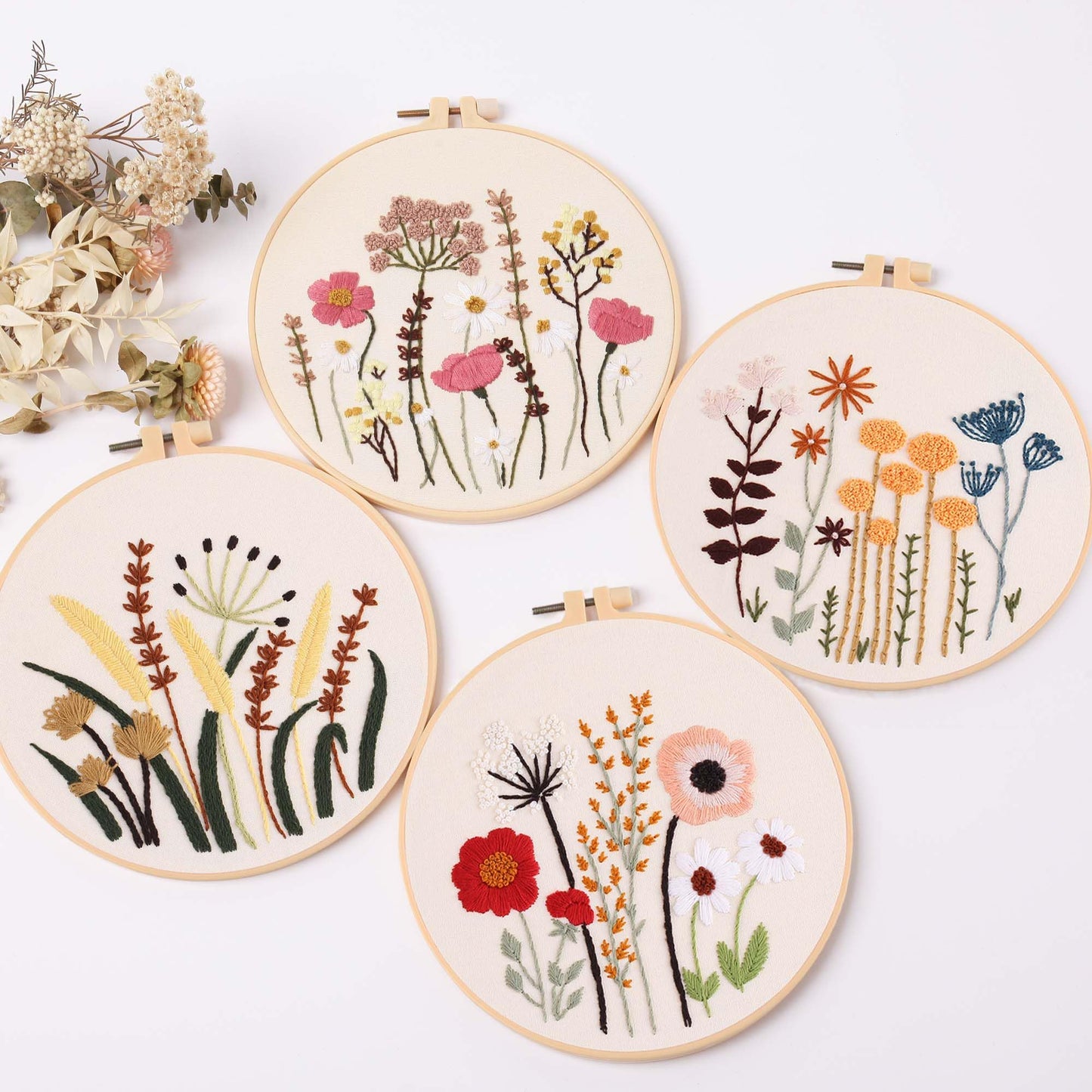 4ps Embroidery Starter kit with Flowers Patterns and Instructions, DIY Adult Beginner Cross Stitch Kits, Including 2 Plastic Embroidery Hoop, 1 Pair of Scissors, Colored Threads and Needles