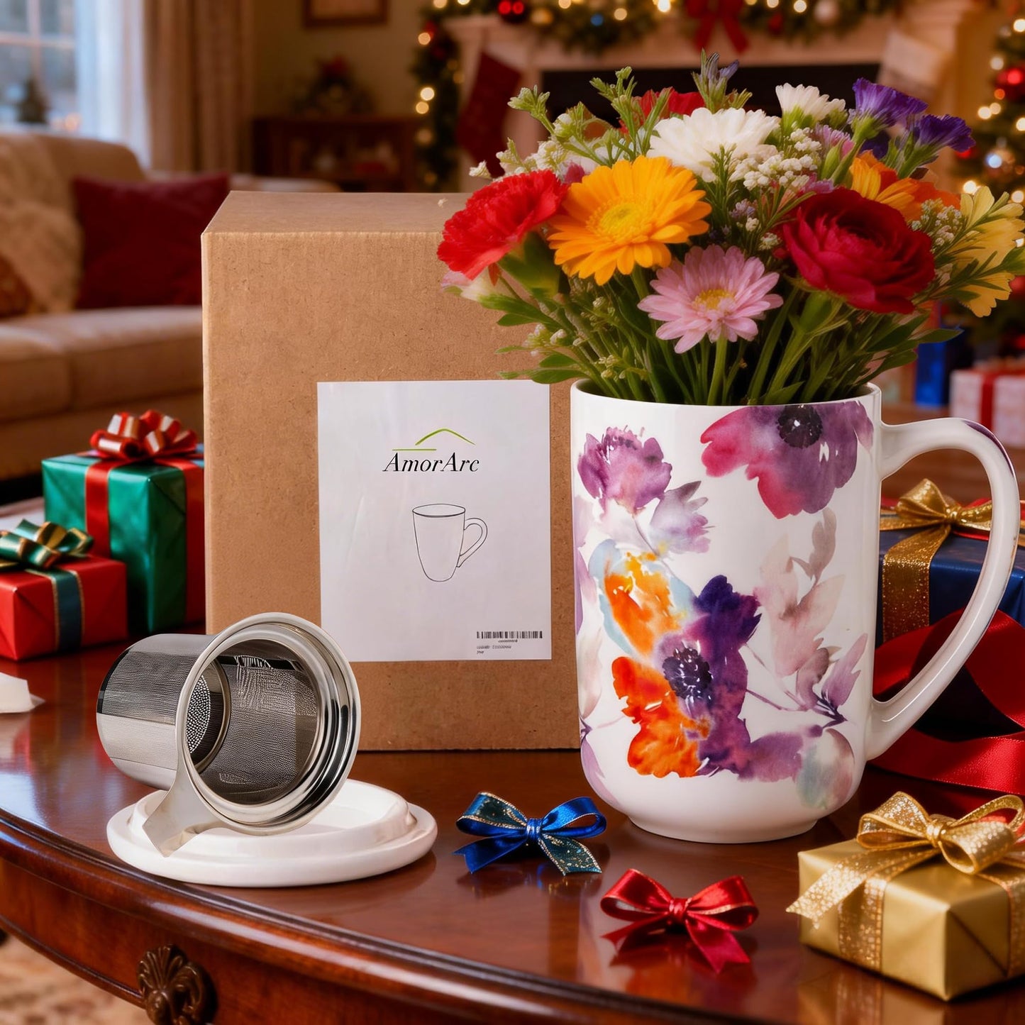 Porcelain Tea Mug with Infuser and Lids, 18 Oz Large Cup Strainer with Bag Holder for Loose Leaf Tea, Steeping Coffee Mug for House-warming Wedding Birthday Gift