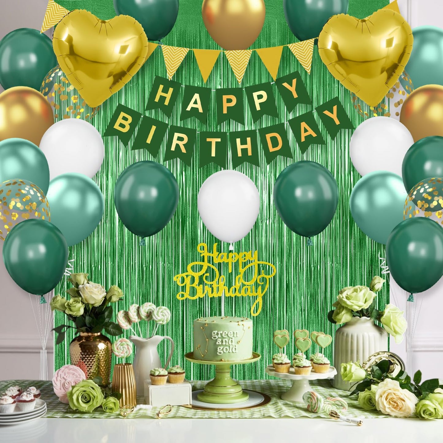Green Birthday Decorations,Happy Birthday Banner Emerald Green and Gold Balloons Fringe Curtain Heart Foil Balloons for Women Men Party Decor