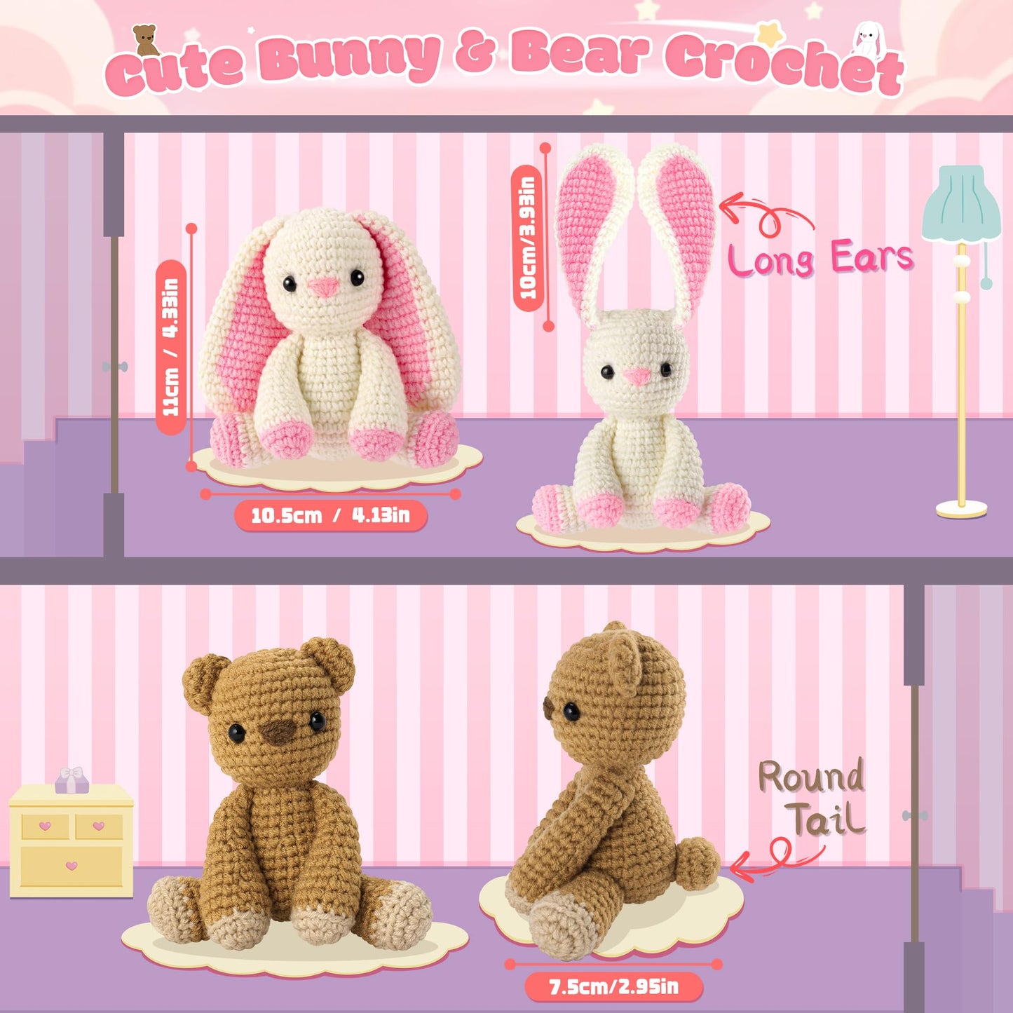 Easter Crochet Kit for Beginners, Bunny and Bear Crochet Kit with Step-by-Step Video Tutorials, Crocheting Kit for Starter, Beginner Crochet Kit for Adult, Stuffed Animal Knitting Kit for Birthday