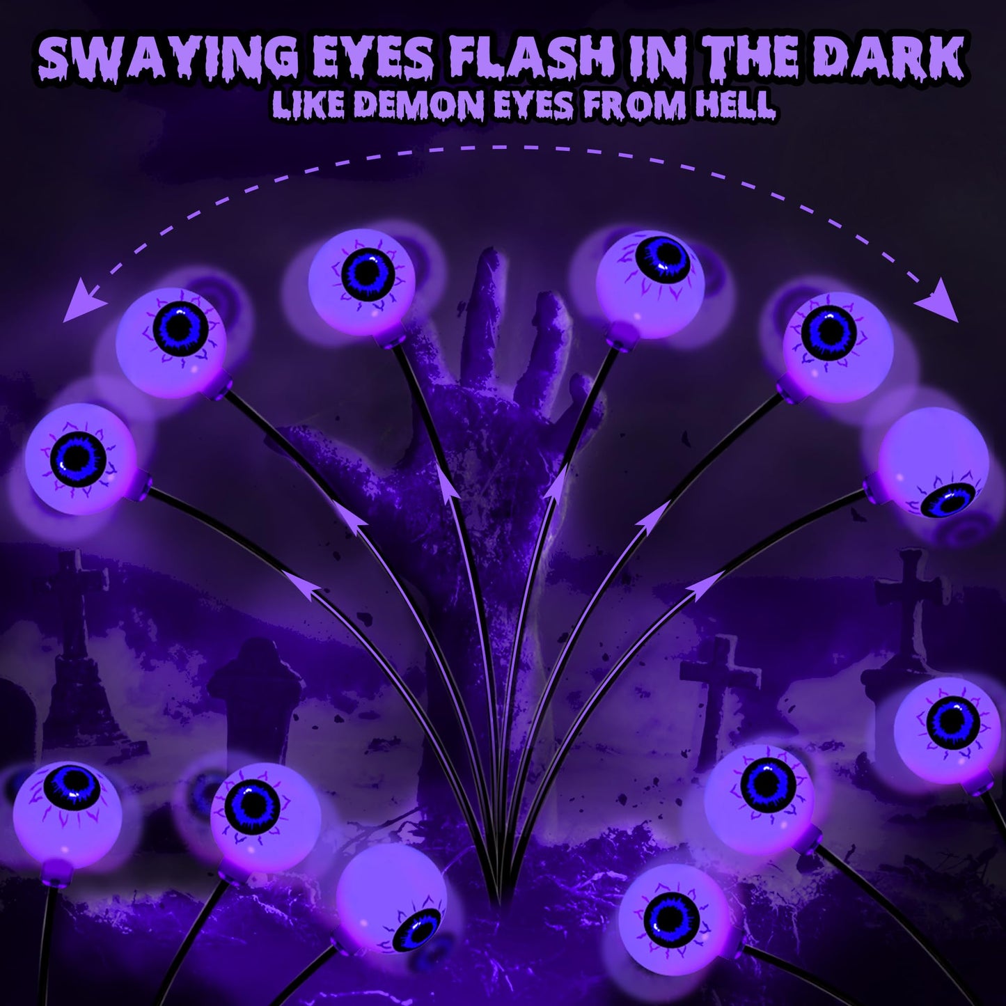 Brizled Purple Solar Halloween Lights, 2 Pack Total 12 LED Halloween Eyeball Lights, 2 Modes Outdoor Purple Swaying Firefly Light Waterproof Scary Pathway Lighting for Outside Garden Yard Lawn Path