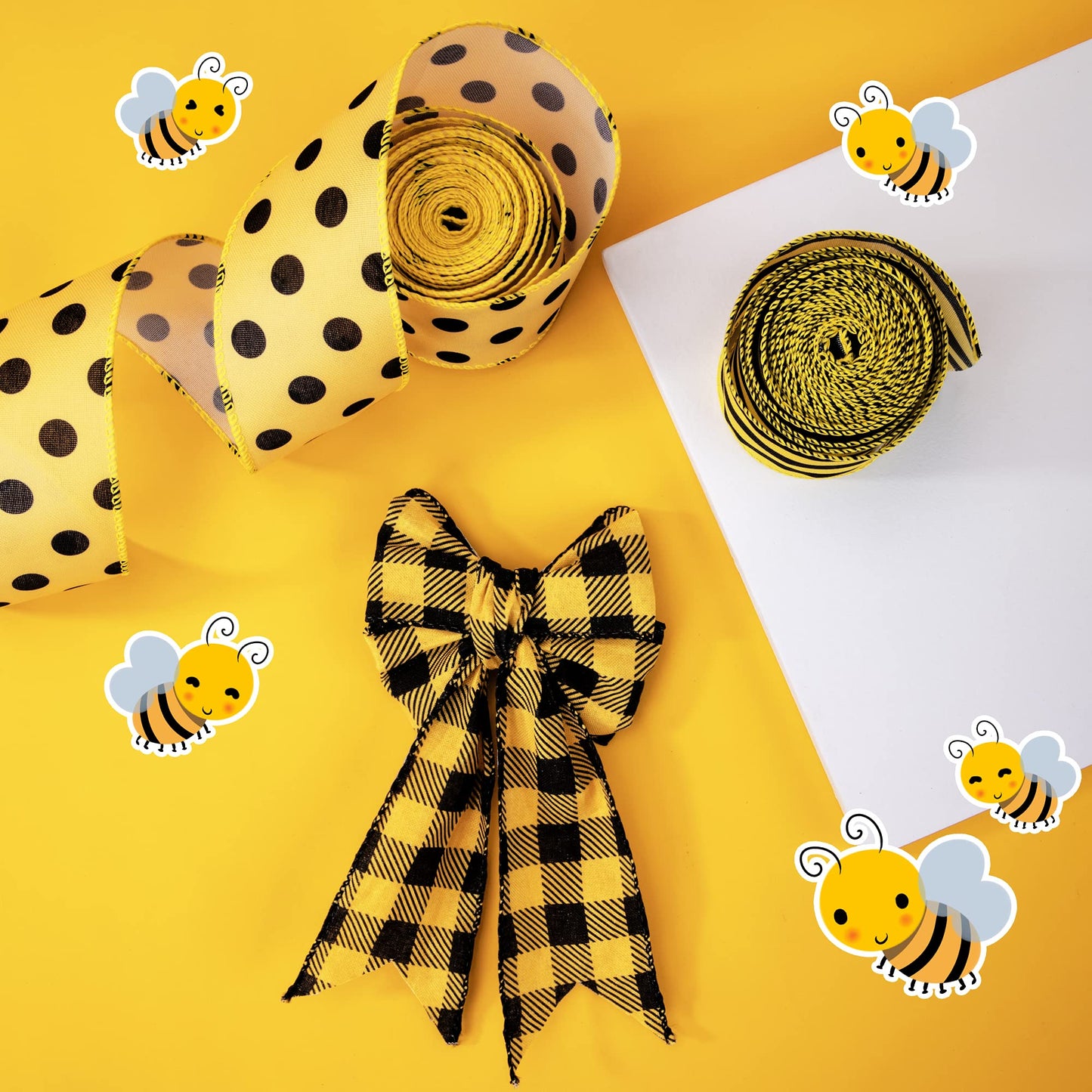 3 Pack 18 Yard Bumble Bee Ribbon Wired Polka Dot Wired Edge Ribbon Bee Vertical Stripe Craft Ribbon Decorative Ribbon for Wrapping, Party Decoration, Hair Bows, Crafting and Sewing