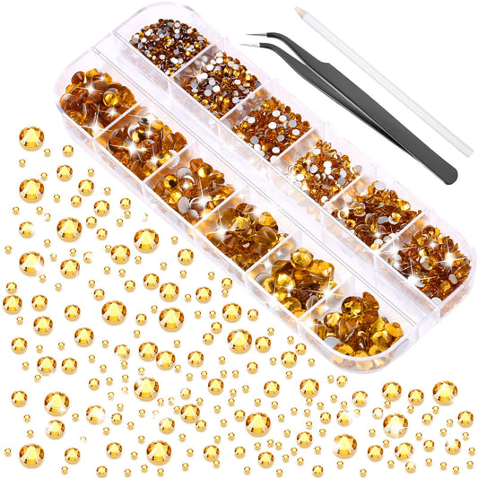2000 Pieces Flat Back Gems 6 Sizes (1.5-6 Mm) Round Crystal Rhinestones with Pick Up Tweezer and Picking Pen for Crafts, Nail, Clothes, Shoes, Bags, DIY Art (Gold)