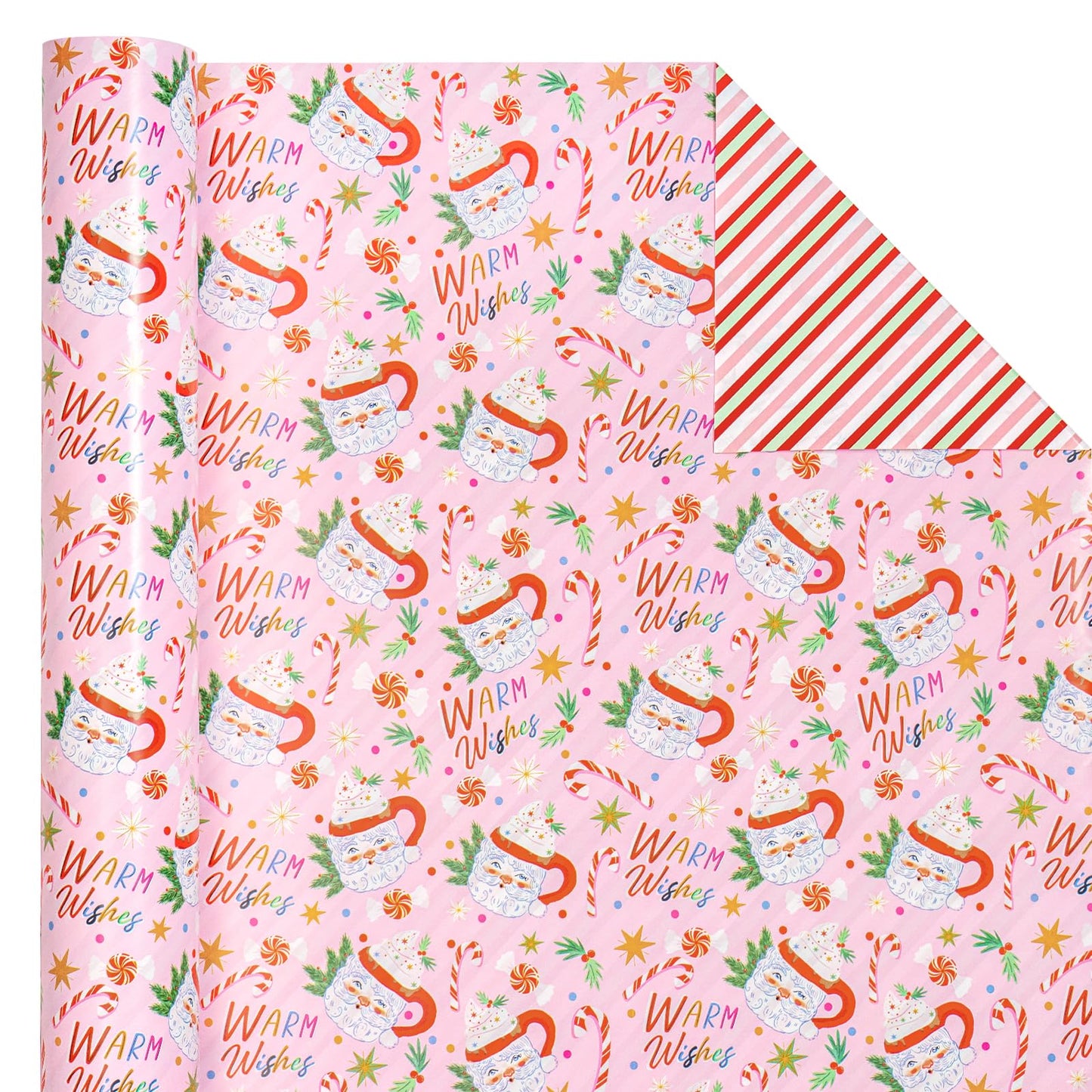 Reversible Christmas Wrapping Paper - Mini Roll - 17 Inch x 33 Feet - Santa Claus Cup and Stripe Wrapping Paper for Chrsitmas, Holiday, Party Celebration