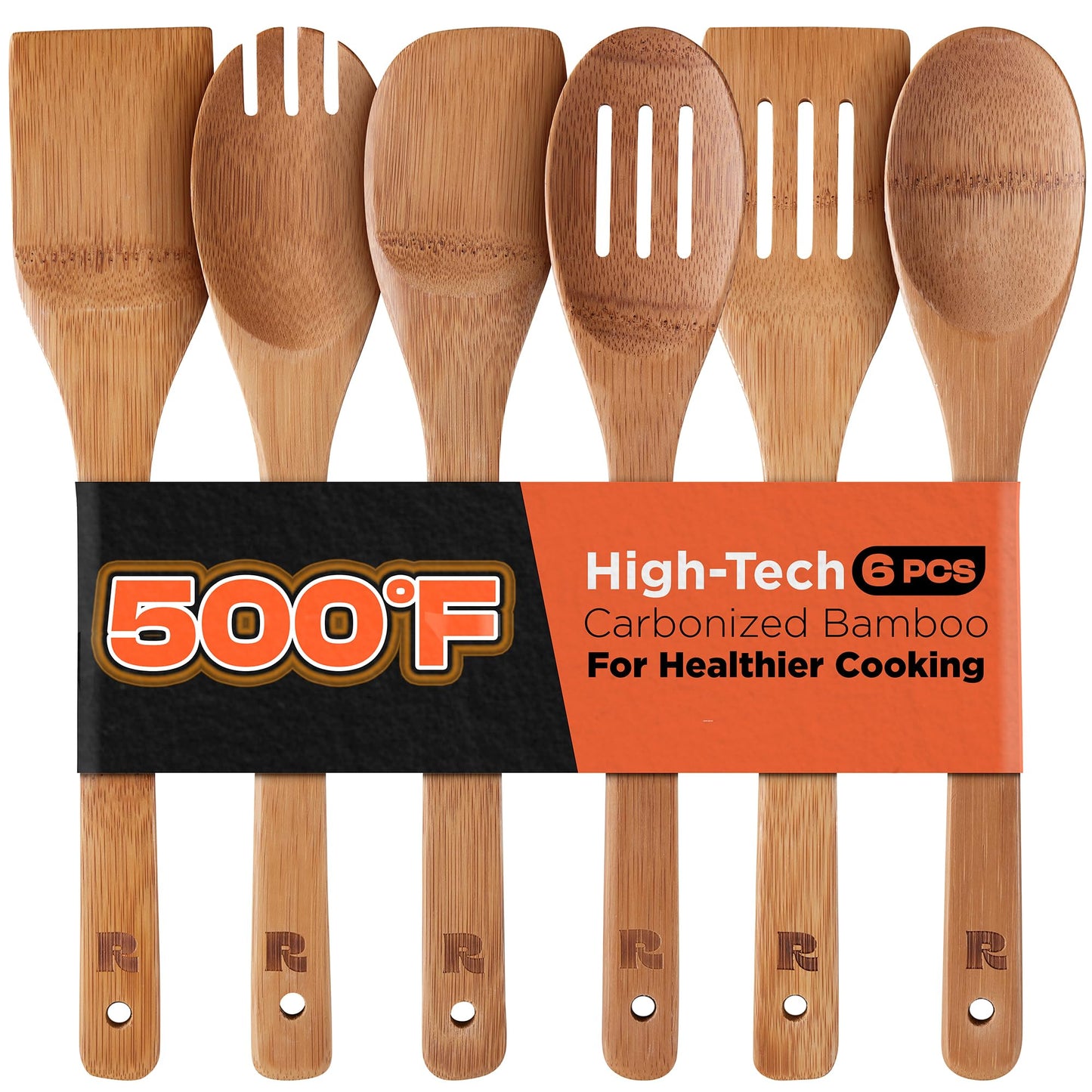 Dark Bamboo Wooden Spoons for Cooking 6-Piece, Apartment Essentials Wood Spatula Spoon Nonstick Kitchen Utensil Set Premium Quality Housewarming Gifts for Everyday Use
