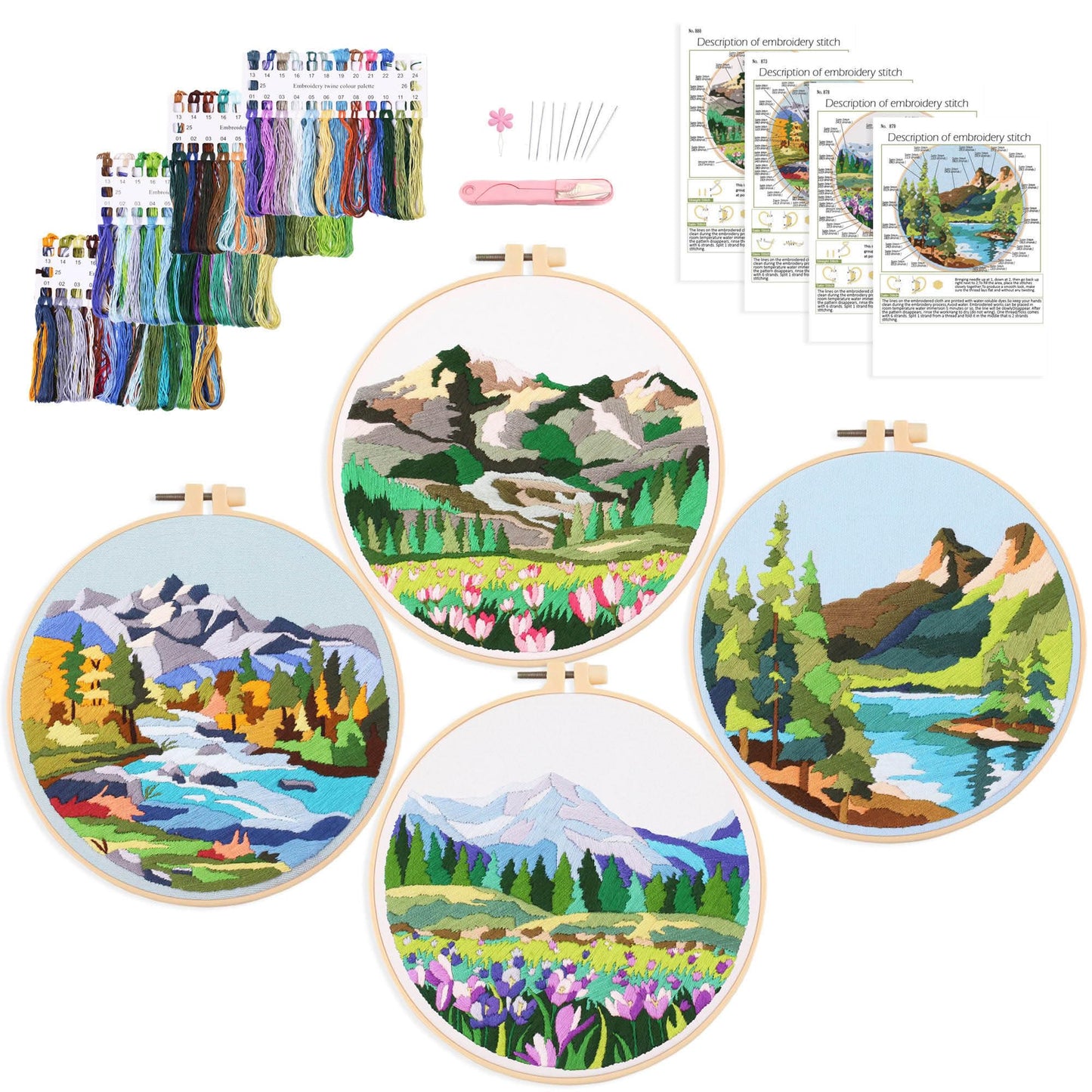 4P Beginner Embroidery Kit,Floral Plant Pattern,Cross Stitch Kits, Including Stamped Embroidery Cloth with 2 Embroidery Hoops, Color Threads and Embroidery Kits