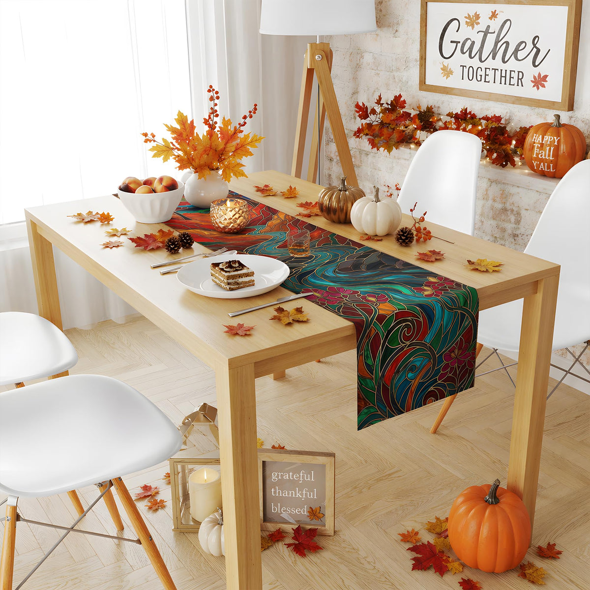 OHOME Fall Decor - Stained Glass Table Runner | Fall Decorations for Home - Thanksgiving Friendsgiving Autumn Centerpieces Backdrop Tablecloth for Tables Room Office Kitchen