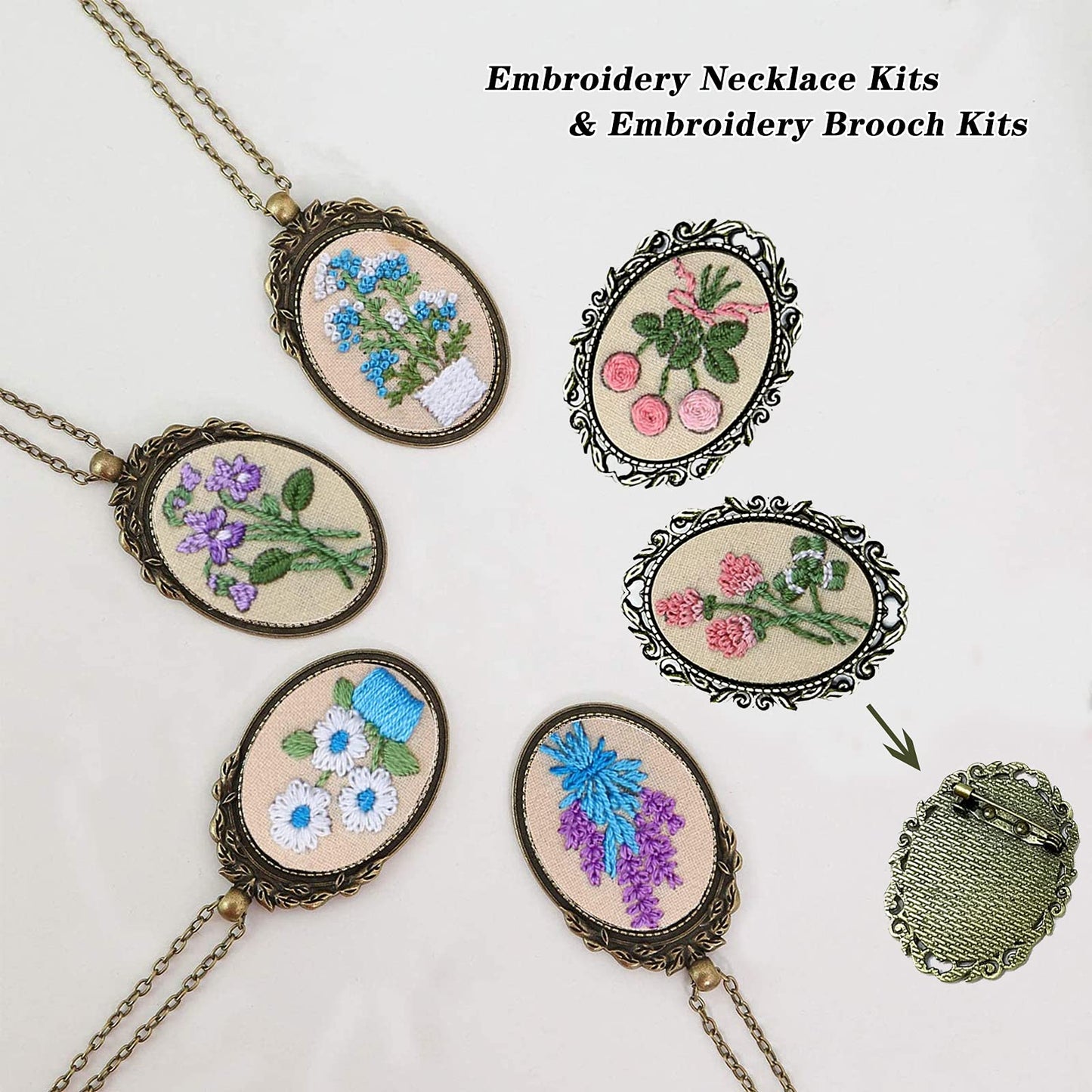 ZOCONE 6 Packs Embroidery Necklace Kits, Embroidery Pendant Kit Mini Cross Stitch Kit with Hoop, Necklace, Pendant, Brooch, Stamped Pattern Cloth, Instructions, etc. Embroidery Kits for Adults