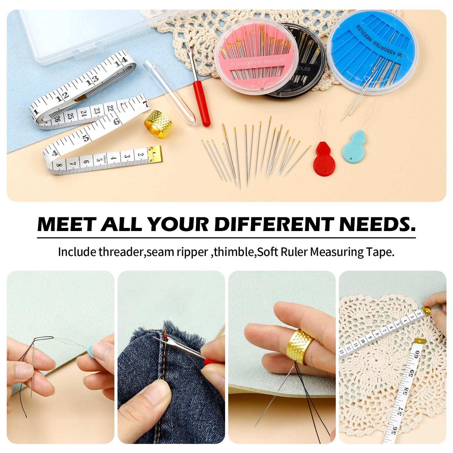 FIVEIZERO Premium Hand Sewing Needles Set,90-Count Assorted Embroidery Needles with threaders,Thread Removal Knife, Thimble,Soft Tape Measure for Hand Sewing Repair