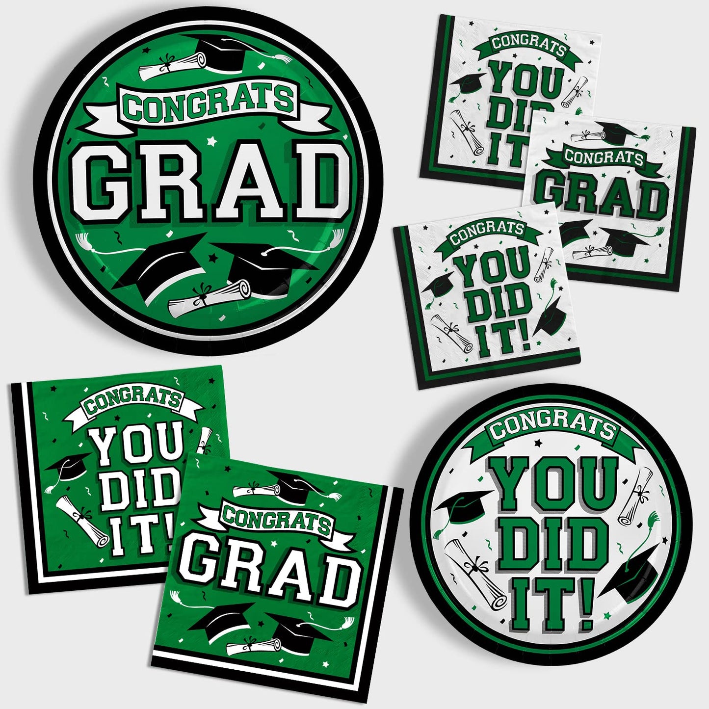 Gatherfun Graduation Party Supplies Dinnerware Set green Disposable dinner paper plates dessert paper plates and Napkins for Congrats Grad Party Decorations, Serve 50