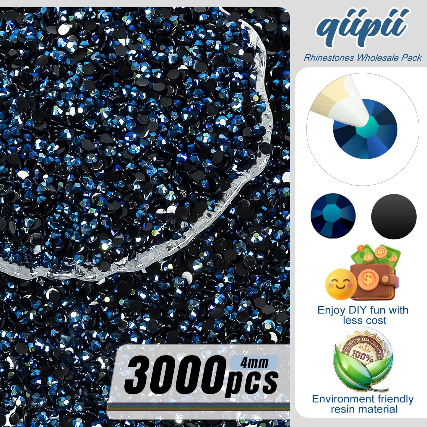 qiipii 3000PCS 4mm Ink Blue Resin Rhinestones for Crafting Montana Flatback Jelly Resin Stones Bulk SS16 Non-Hotfix Black Navy Blue Diamonds Gems for Nails Face Eyes Makeup Tumblers DIY Crafts Shoes