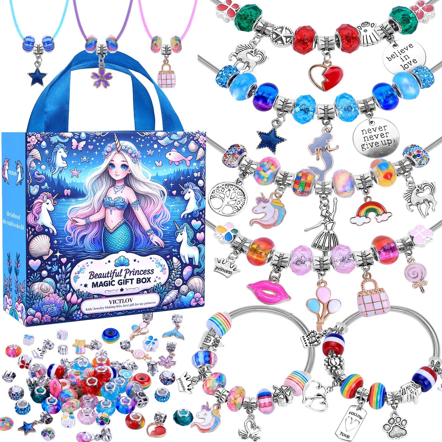 VICTLOV Charm Bracelet Making Kit, DIY Craft for Girls, Unicorn/Mermaid Crafts Gifts Set for Arts and Crafts for Girls Teens Ages 5-12
