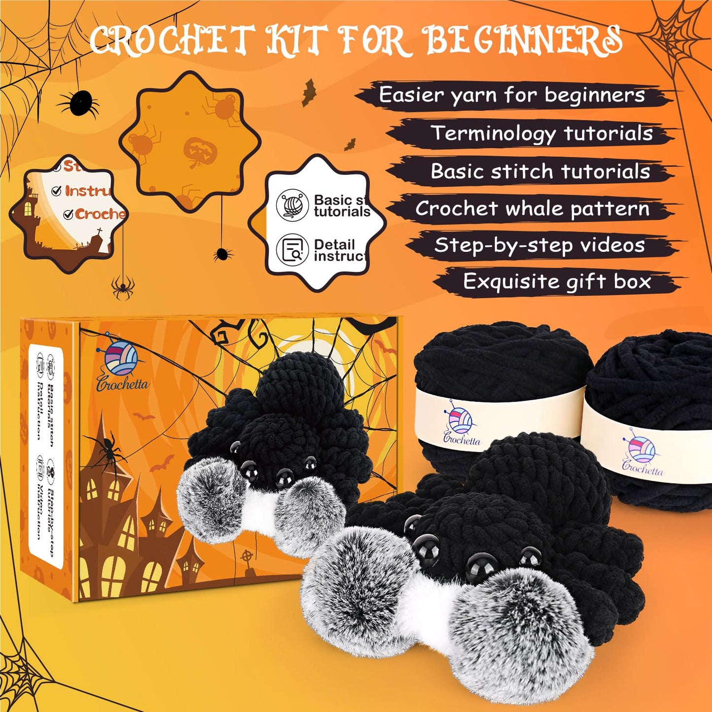 Crochetta Crochet Kit for Beginners, Crochet Starter Kit w Step-by-Step Video Tutorials, Beginner Crochet Kit for Adults Kids Women Men Complete Kit Included (Halloween Spider)