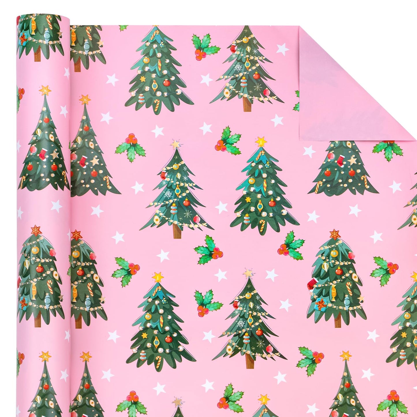 WRAPAHOLIC Reversible Pink Christmas Wrapping Paper - Mini Roll - 17 Inch x 33 Feet - Pink Christmas Tree Wrapping Paper for Holiday, Party Celebration