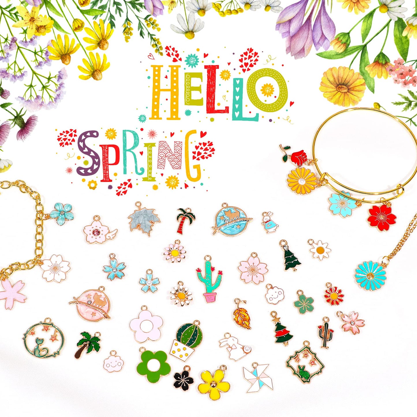 MARFOREVER 120 Pcs Spring Summer Floral Themed Charms, Flower Charms for Jewelry Making, Assorted Gold Enamel Charm Pendants for DIY Necklace Bracelet Earrings Supplies Gifts for Mom Women Girls