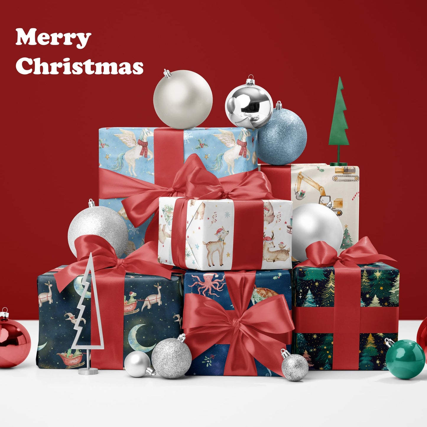 SaringSwoon Vintage Train Christmas Wrapping Paper for Baby Boys Girls Kids - Green Xmas Wrapping Paper with Red Trains, Santa, Polar Bears, Penguins for Holiday - 40×28 Inches, 4 Folded Sheets