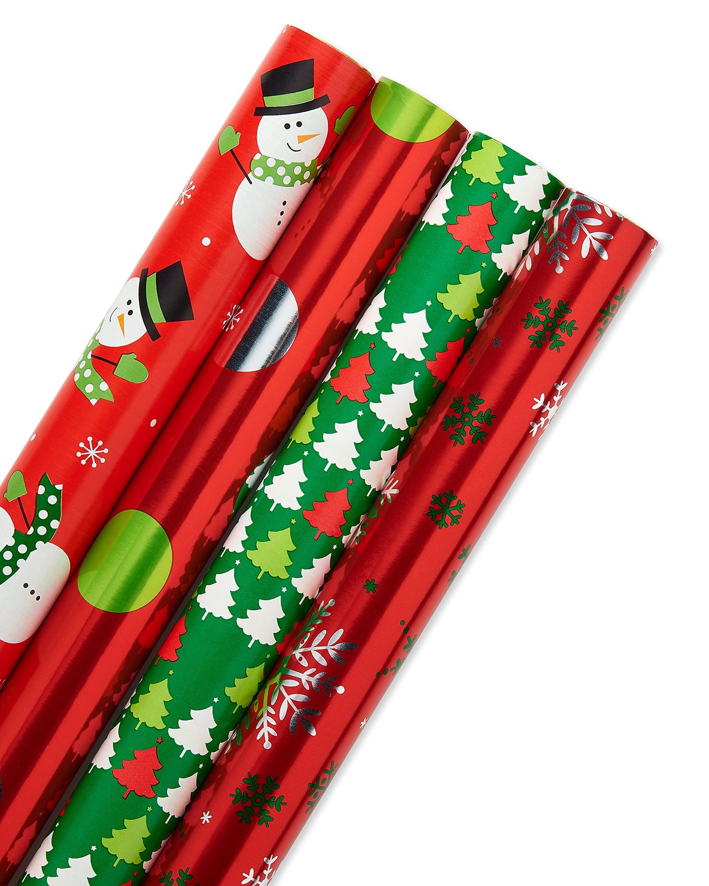 Reversible Christmas Wrapping Paper Rolls, Red and Green Holiday Gift Wrap (105 sq. ft., 4 Rolls-30 in. x 12 ft.) Polka Dots, Trees, Snowmen and Snowflakes
