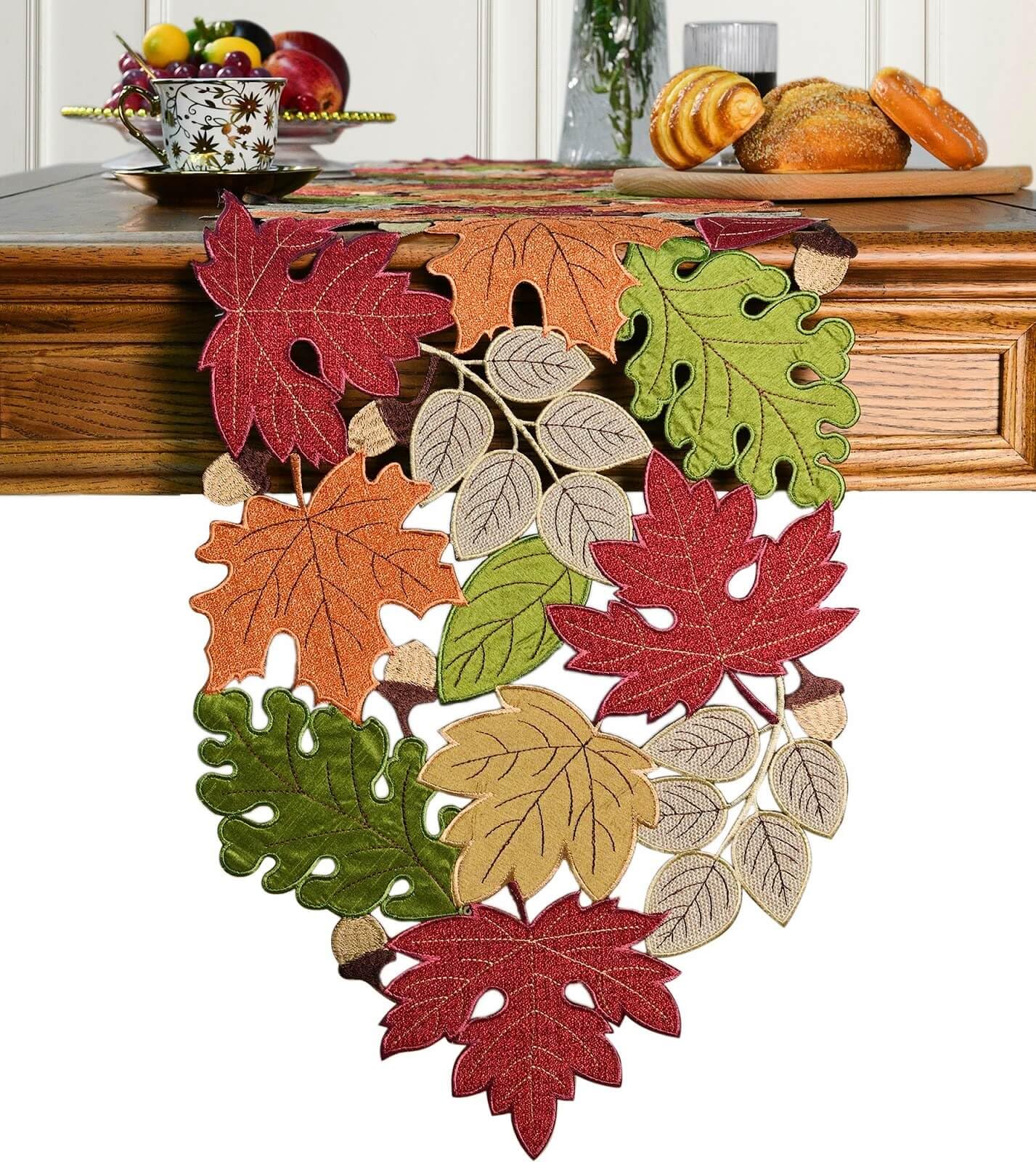 KEVA Fall Table Runner 72inches Long, Autumn Maple Leaves Table Runner 13x72 inch for Thanksgiving Kitchen and Table Decoration, Harvest Fall Farmhouse Rustic Embroidered Thanksgiving Table Runner