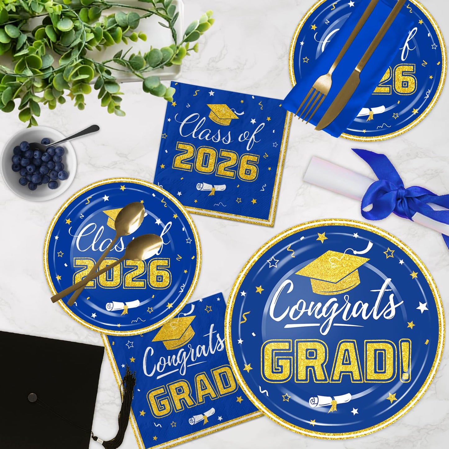 Graduation Plates and Napkins 2026 Congrats Grad Disposable Paper Plates Cocktail Napkins Luncheon Napkins for Blue and Gold Graduation Party Decorations, Serve 50